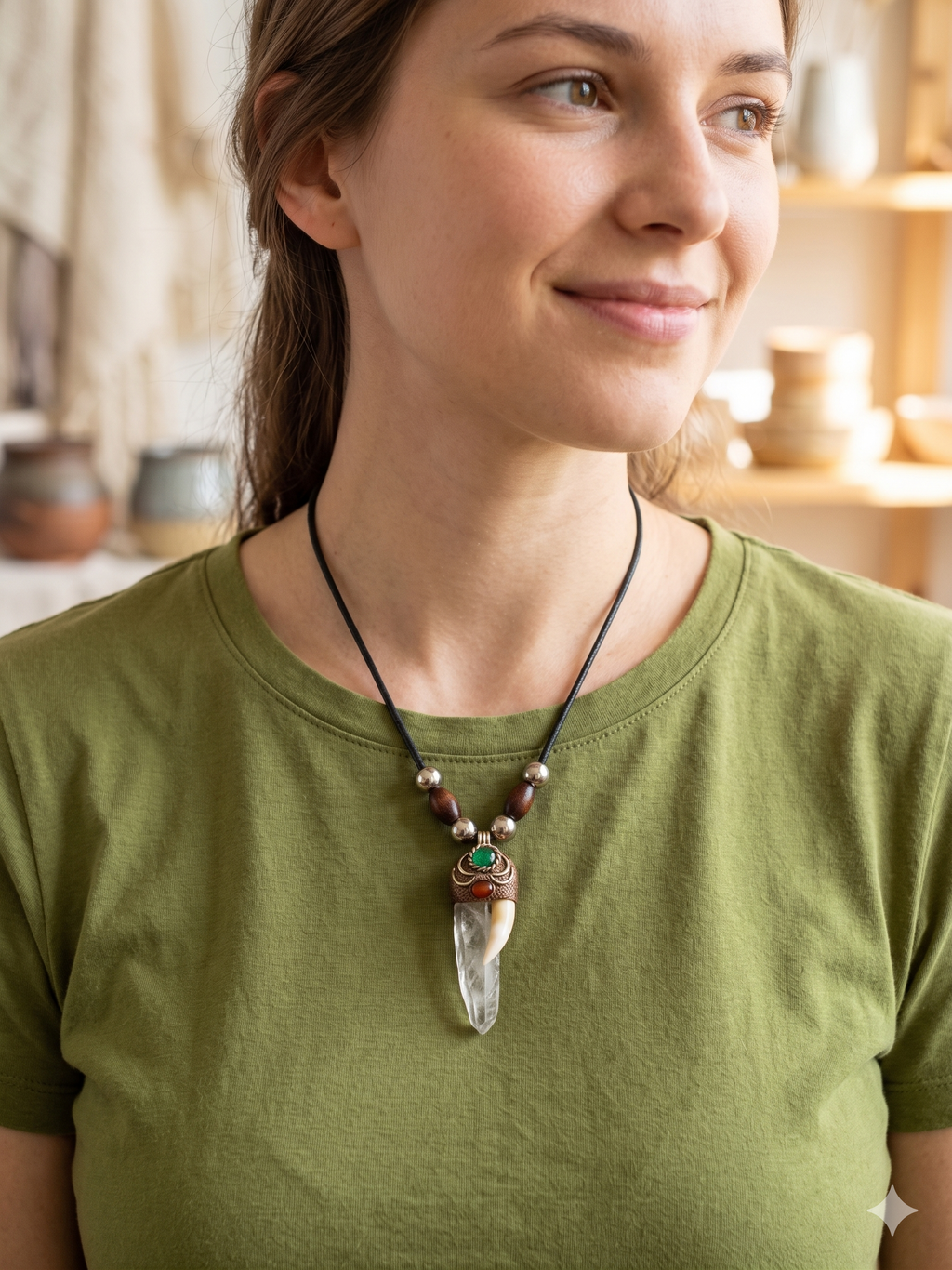 Handmade Macrame Necklace with Quartz Crystal and Sea Lion Tooth