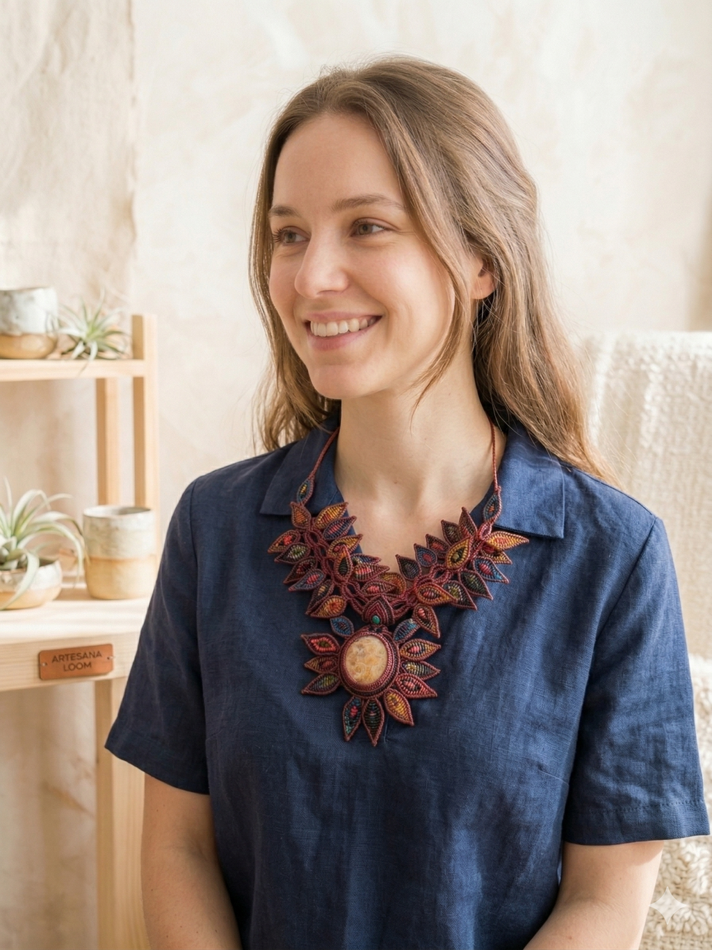 Macrame Necklace with Natural Leopard Stone and Handmade Leaf Design