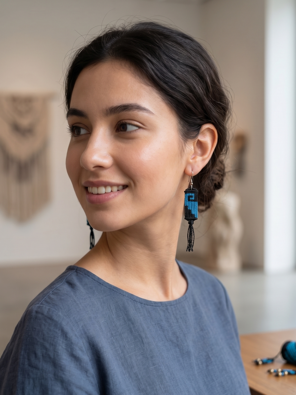 Peruvian Macrame Earrings, Handwoven Labyrinth Design with Fringe