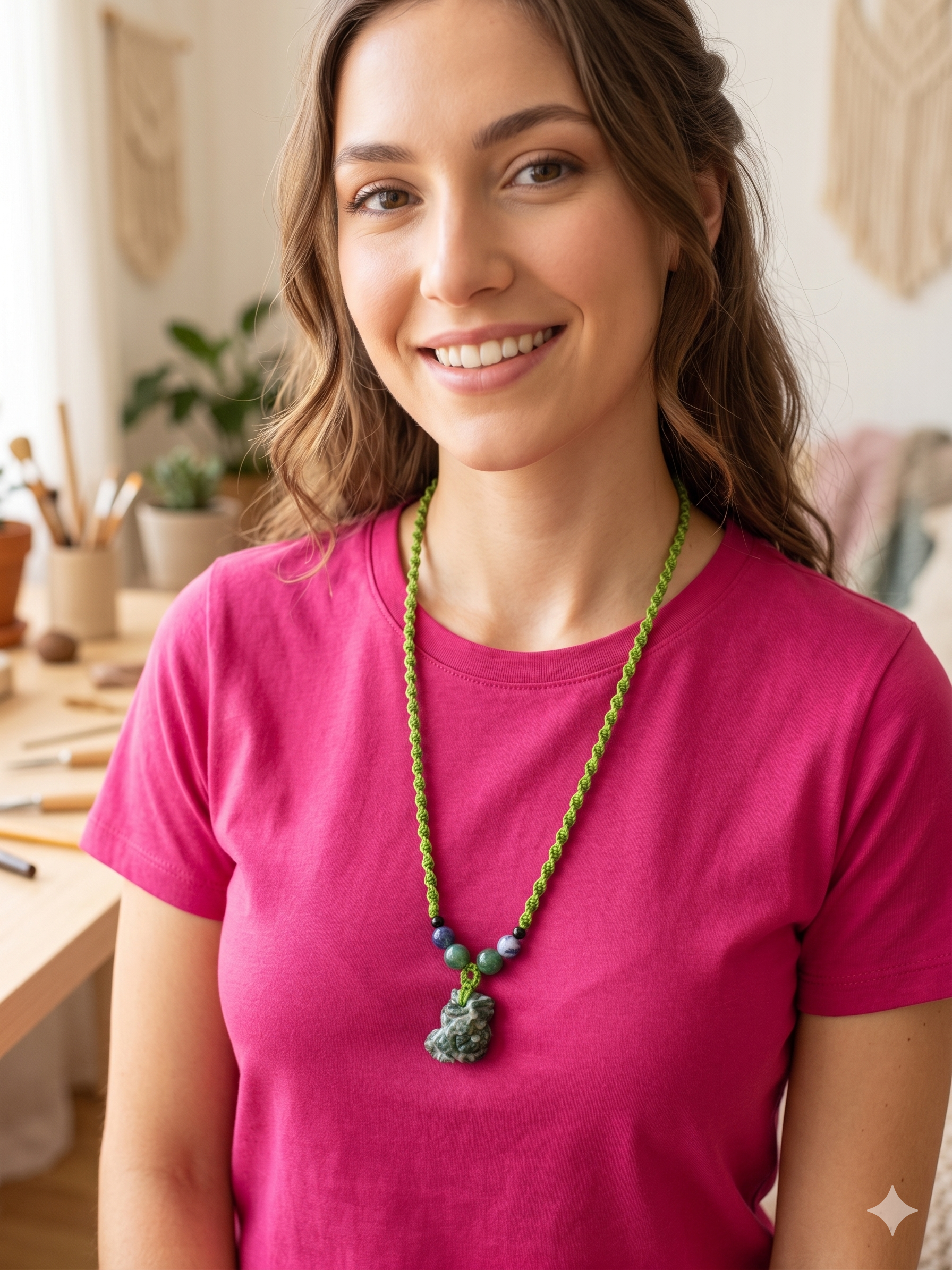 Green Macrame Necklace with Natural Carved Stone, Handwoven