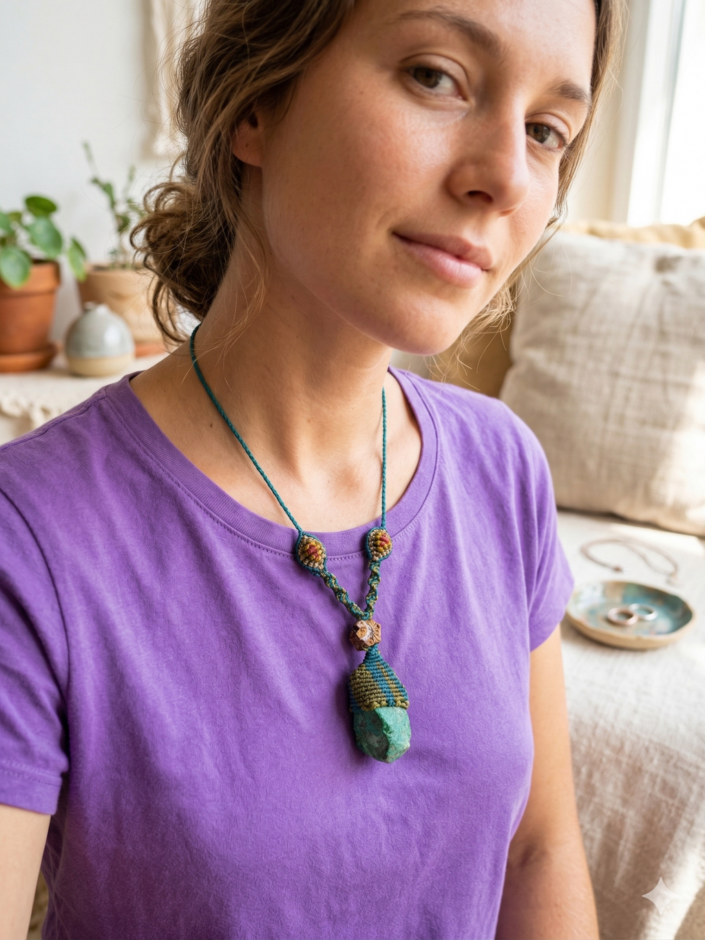 Handmade Macrame Necklace with Natural Stone and Spiritual Amulet