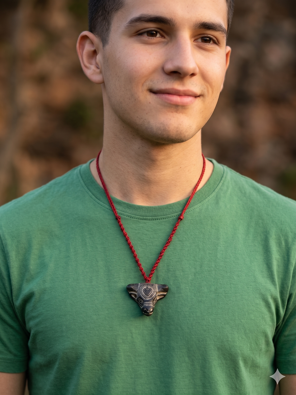 Hand-Carved Stone Bull Necklace, Macrame Choker, Red Heart