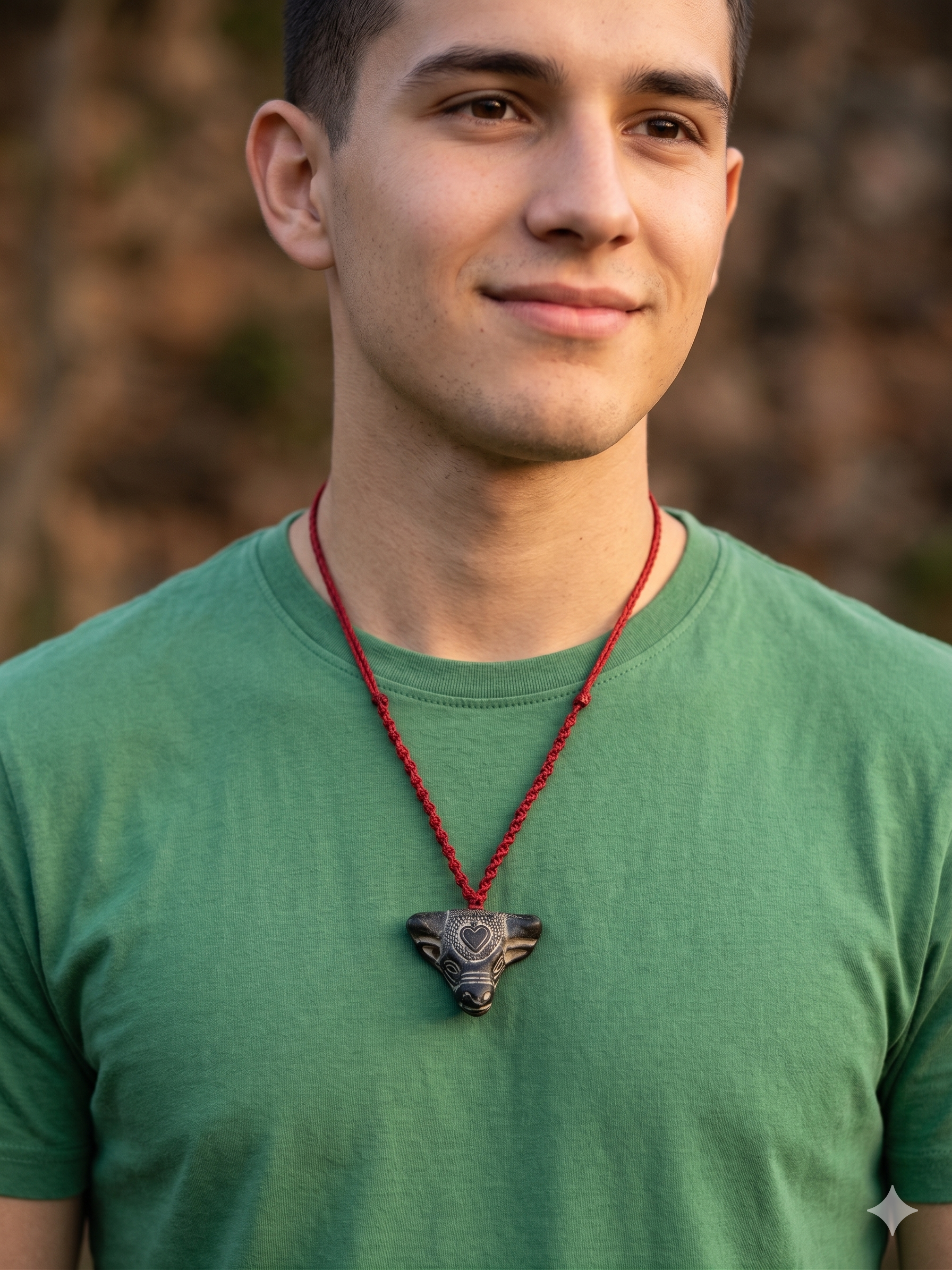 Hand-Carved Stone Bull Necklace, Macrame Choker, Red Heart