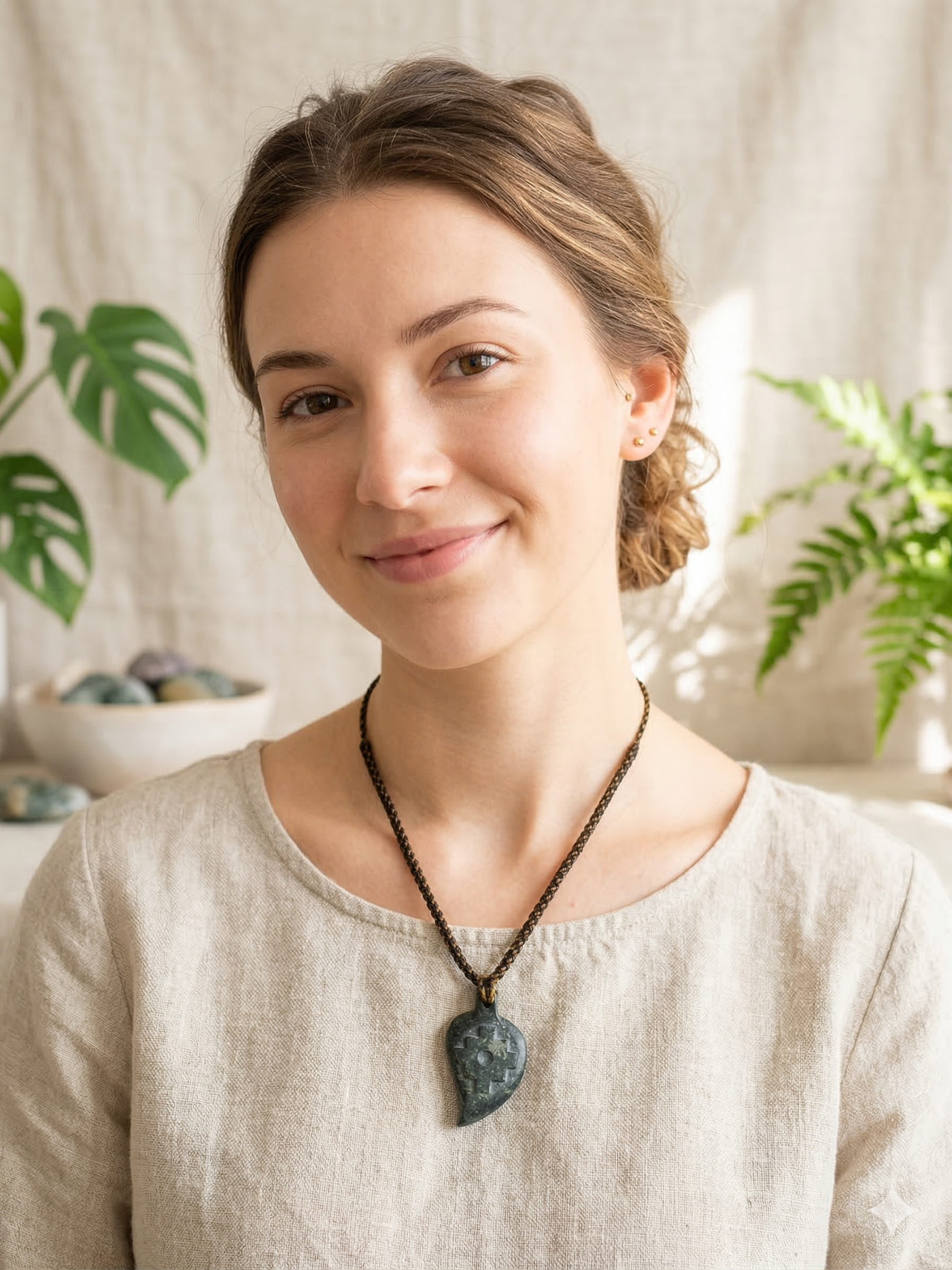 Inca Chakana Necklace Carved Natural Stone Hand Woven Macrame