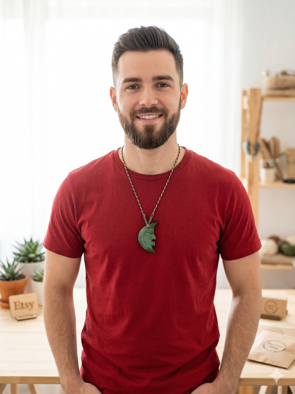 Moon Necklace, Natural Stone, Hand-Carved, Macrame