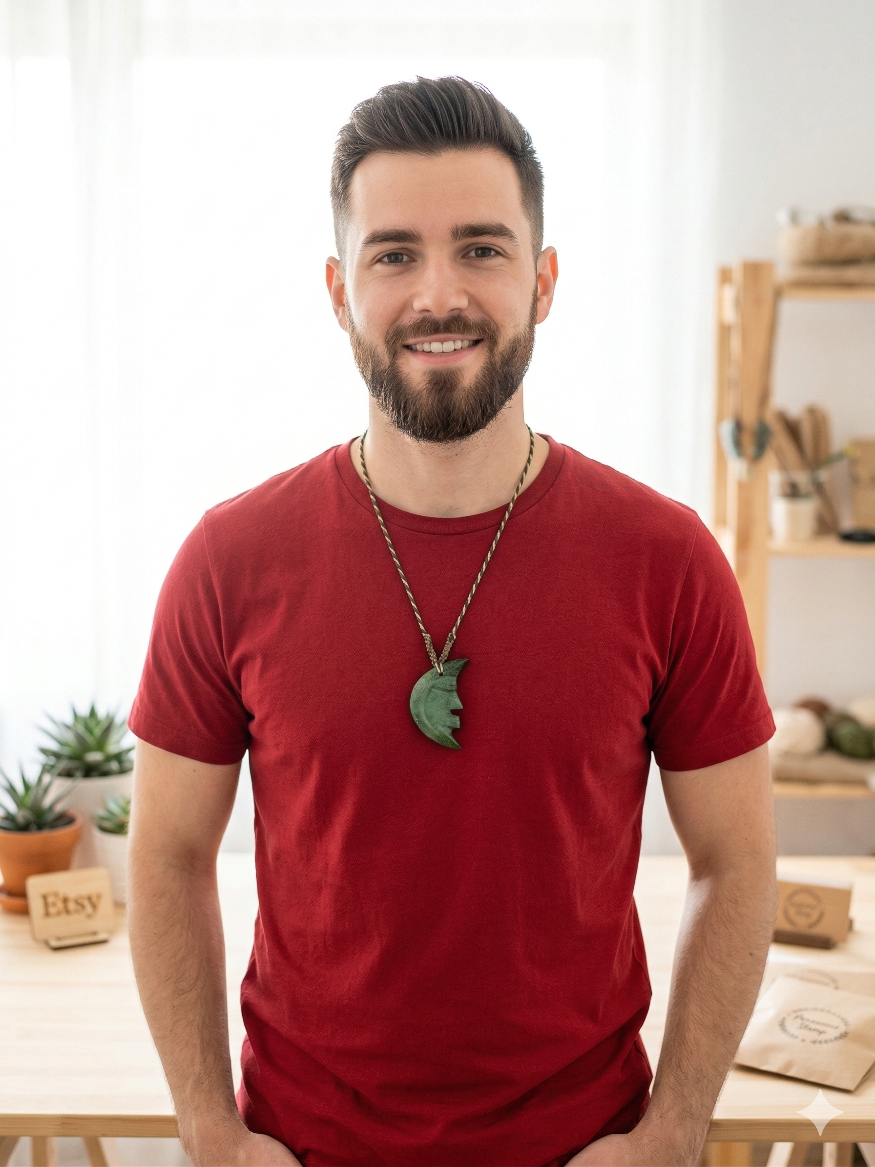 Moon Necklace, Natural Stone, Hand-Carved, Macrame