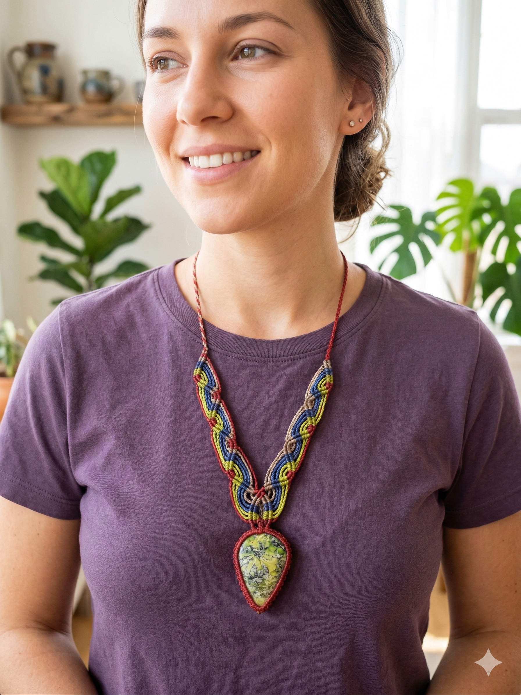Handmade Macrame Necklace with Natural Jade Stone, Spiritual Amulet