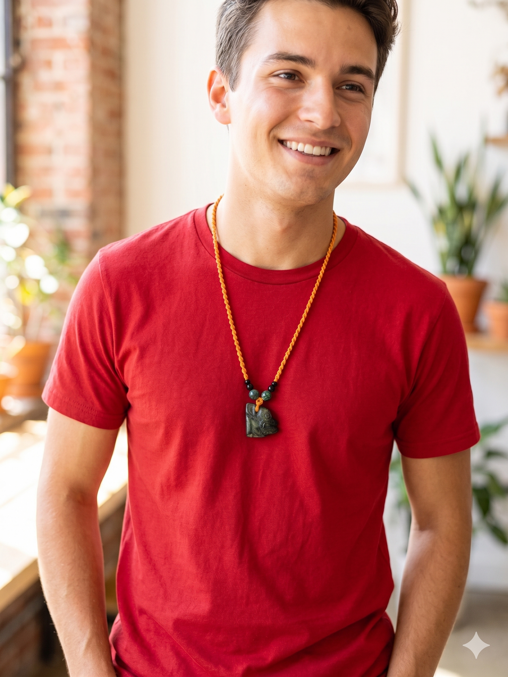 Hand-woven Macrame Necklace Pendant with Chavín Clave Head Stone