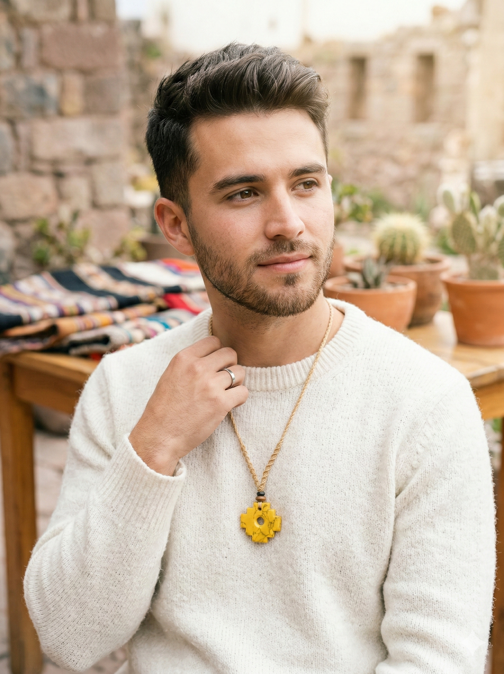 Inca Chakana Necklace with Natural Stone, Handwoven Macrame