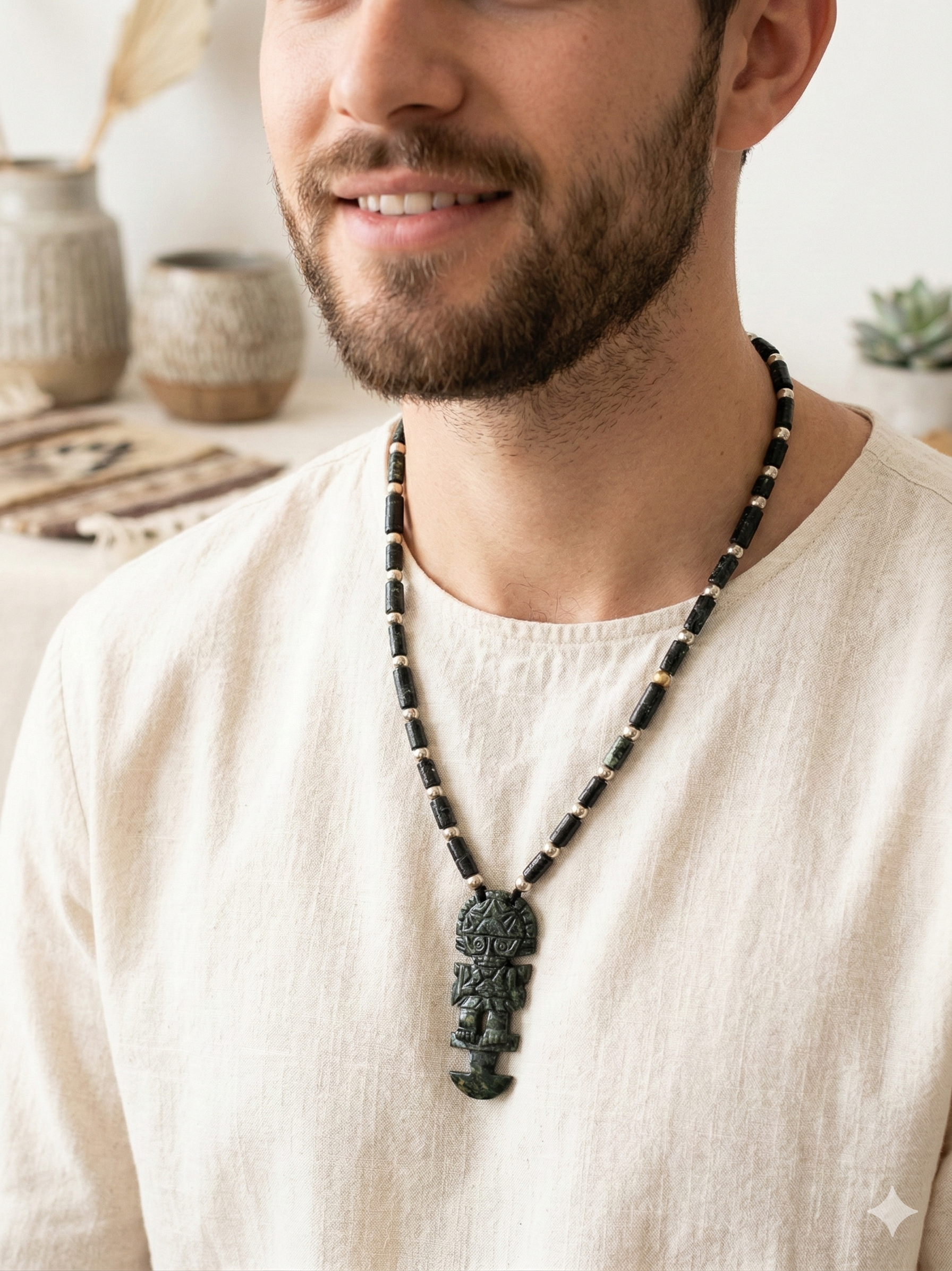 Tumi Necklace Hand Carved Natural Stone Beads Peruvian Craft Amulet