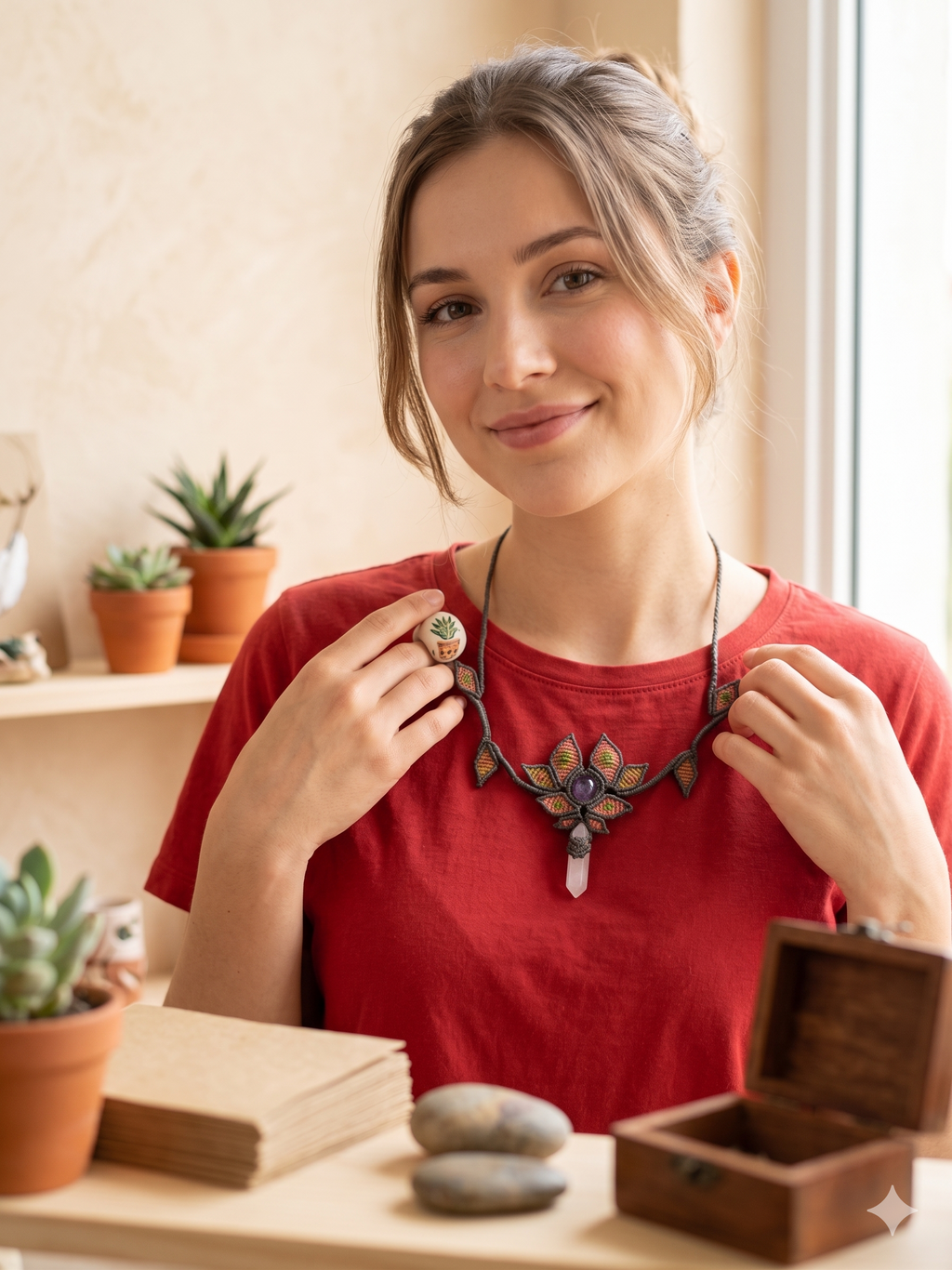 Handmade Macrame Necklace with Rose Quartz and Amethyst - Spiritual Amulet