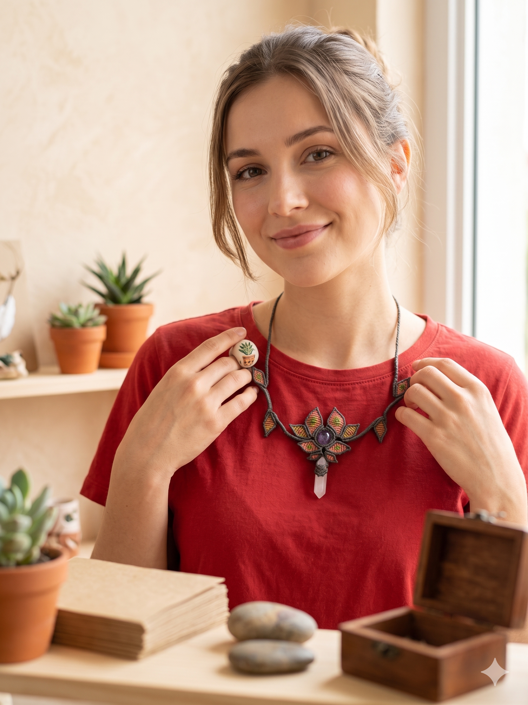 Handmade Macrame Necklace with Rose Quartz and Amethyst - Spiritual Amulet