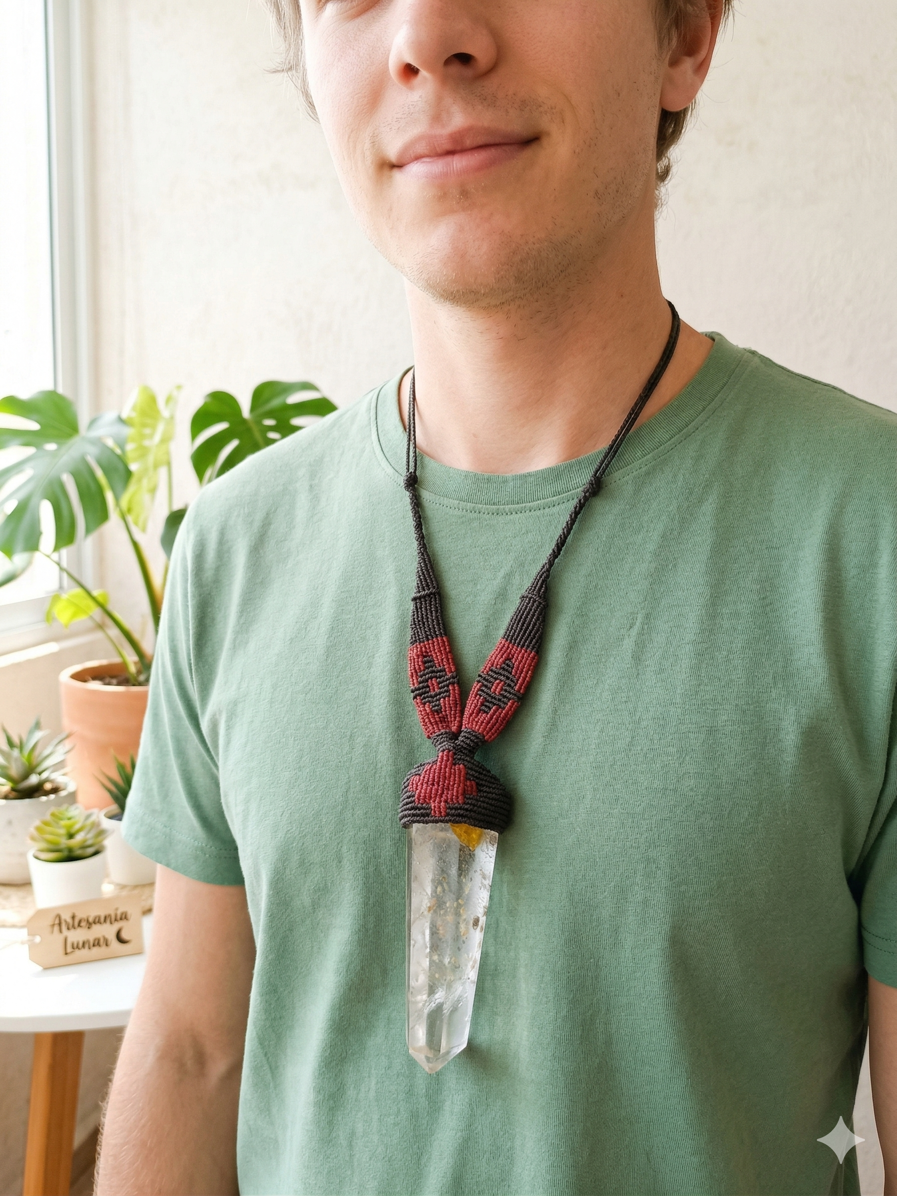 Handmade Natural Quartz Crystal Macrame Necklace, Spiritual Amulet