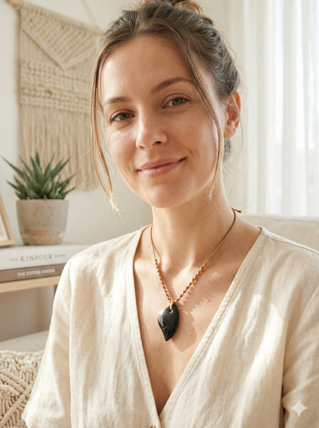 Natural Black Onyx Necklace Hand Woven Macrame Pendant Healing Stone