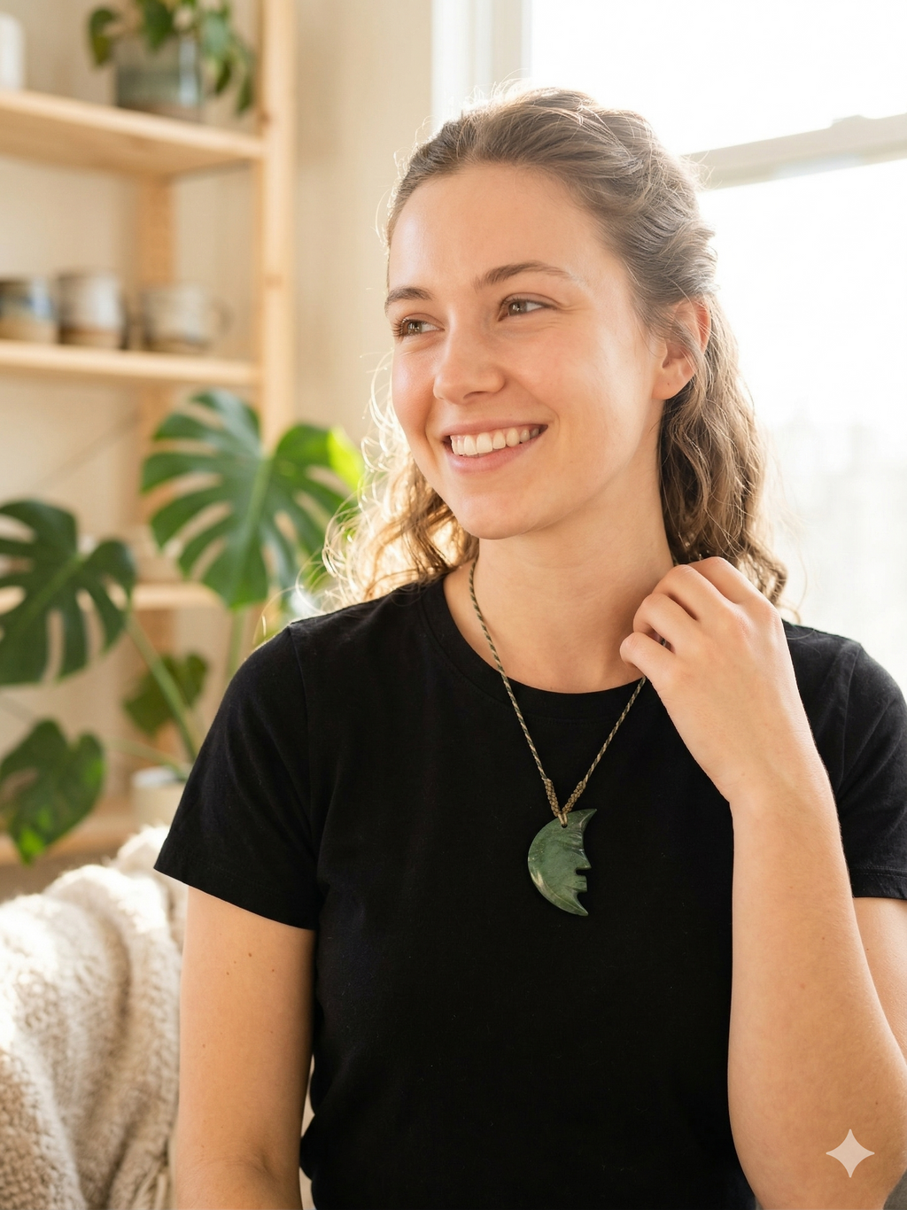 Moon Necklace, Natural Stone, Hand-Carved, Macrame