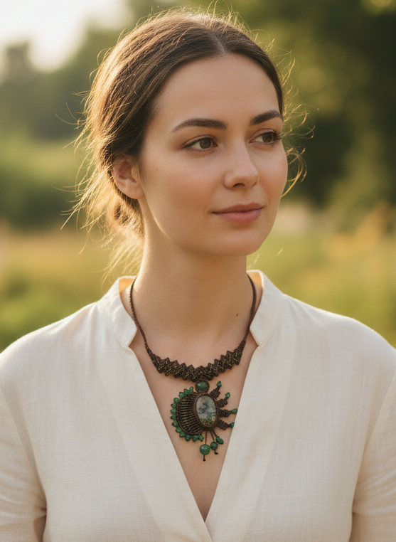 Handwoven Macrame Necklace with Natural Green Stones - Peruvian Craftsmanship