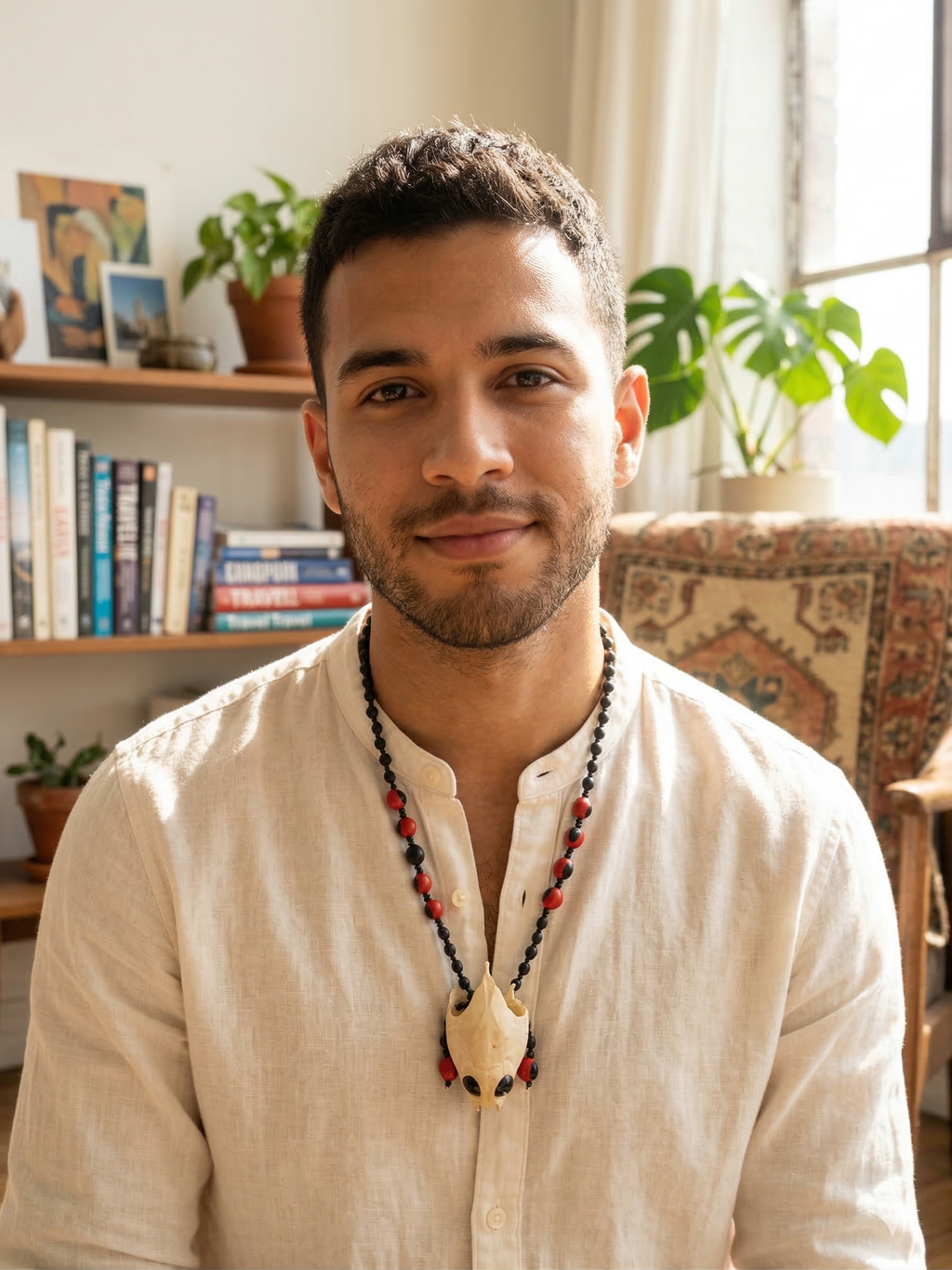 Handmade Shamanic Necklace with Huayruro Seeds and Sacred Turtle Skull