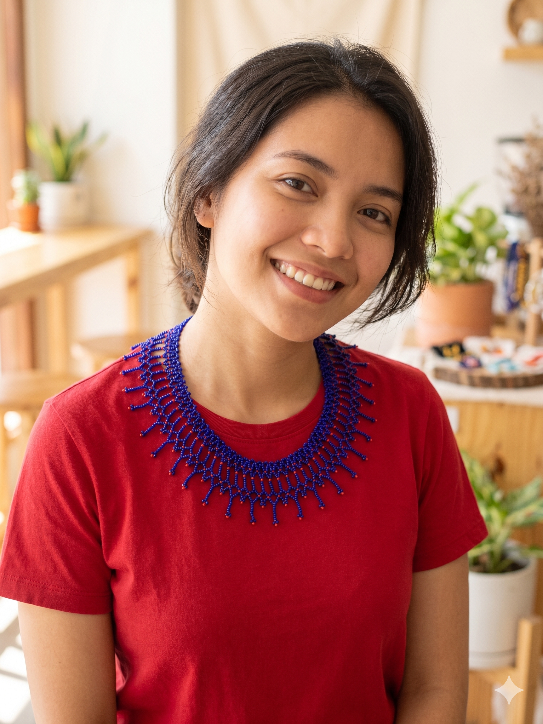 Handmade Blue and Red Beaded Necklace, Artisan Choker with Fringe