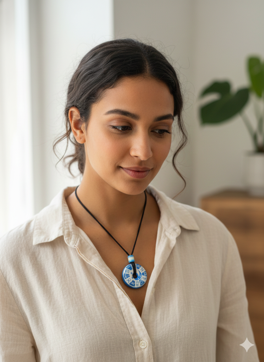 Handmade Blue and White Ceramic Necklace with Adjustable Cord - Peruvian Craftsmanship