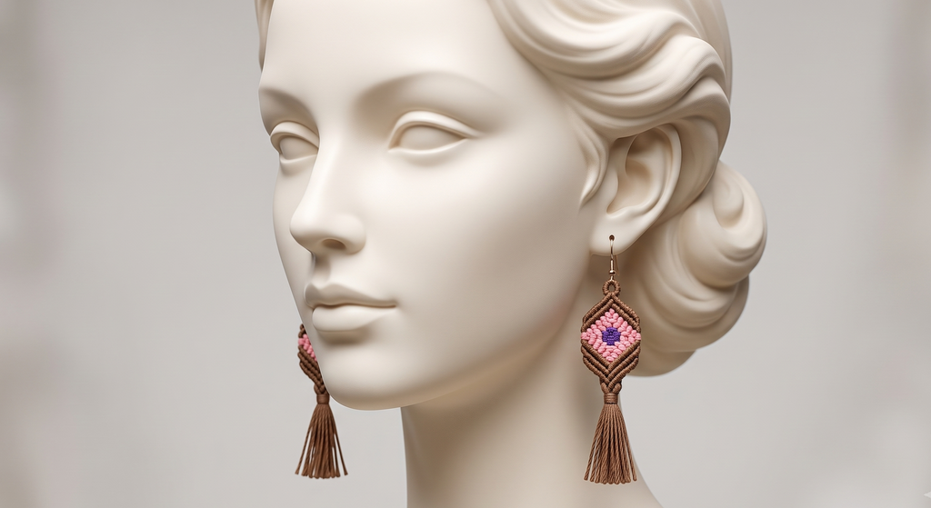 Handwoven Macrame Earrings with Geometric Design and Fringe