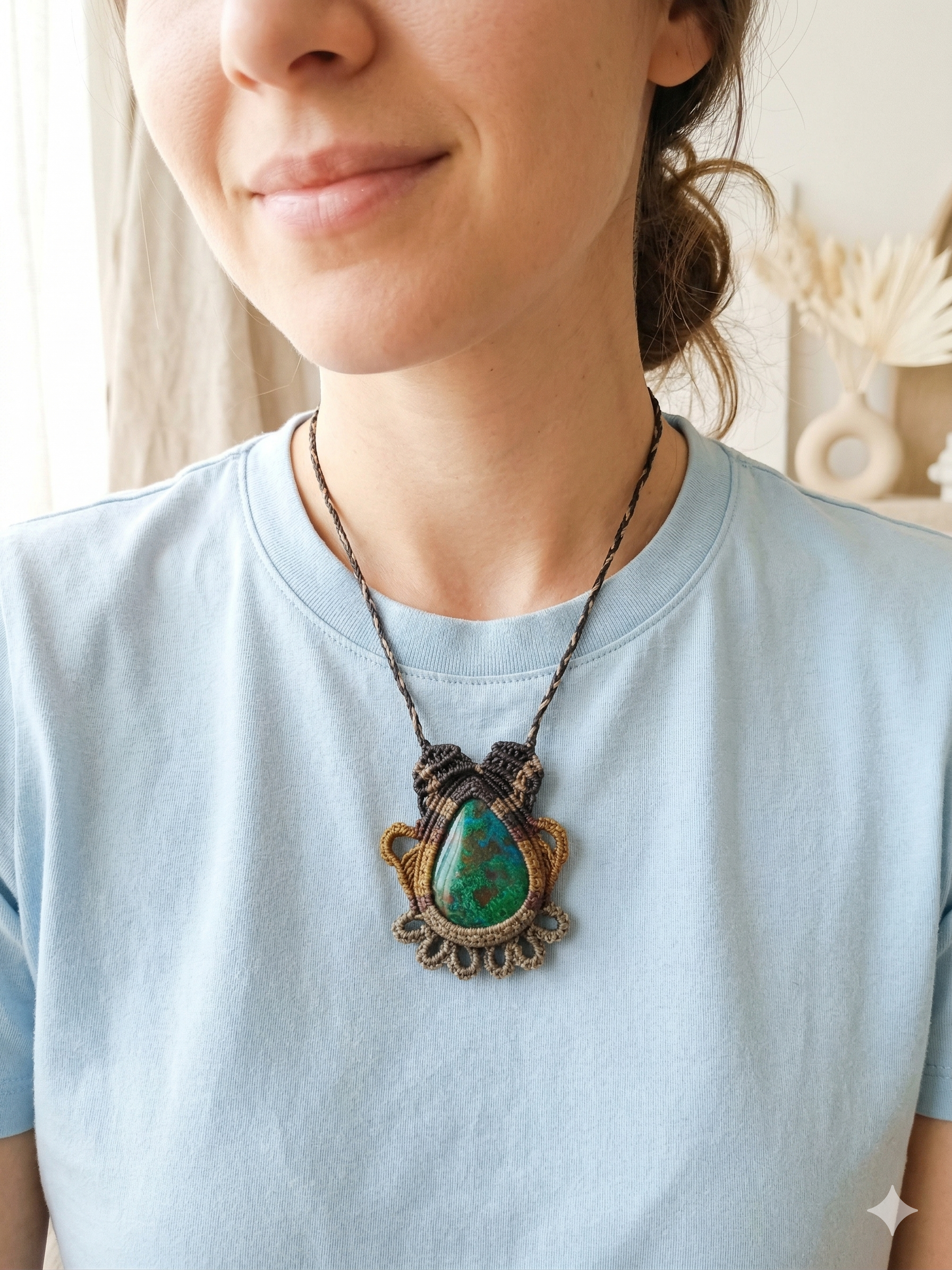 Handmade Macrame Necklace with Natural Stone, Spiritual Amulet