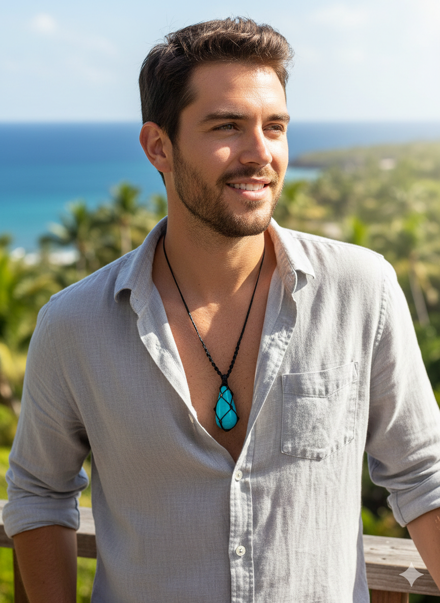 Unisex Macrame Necklace Handmade Natural Turquoise Spiritual Amulet