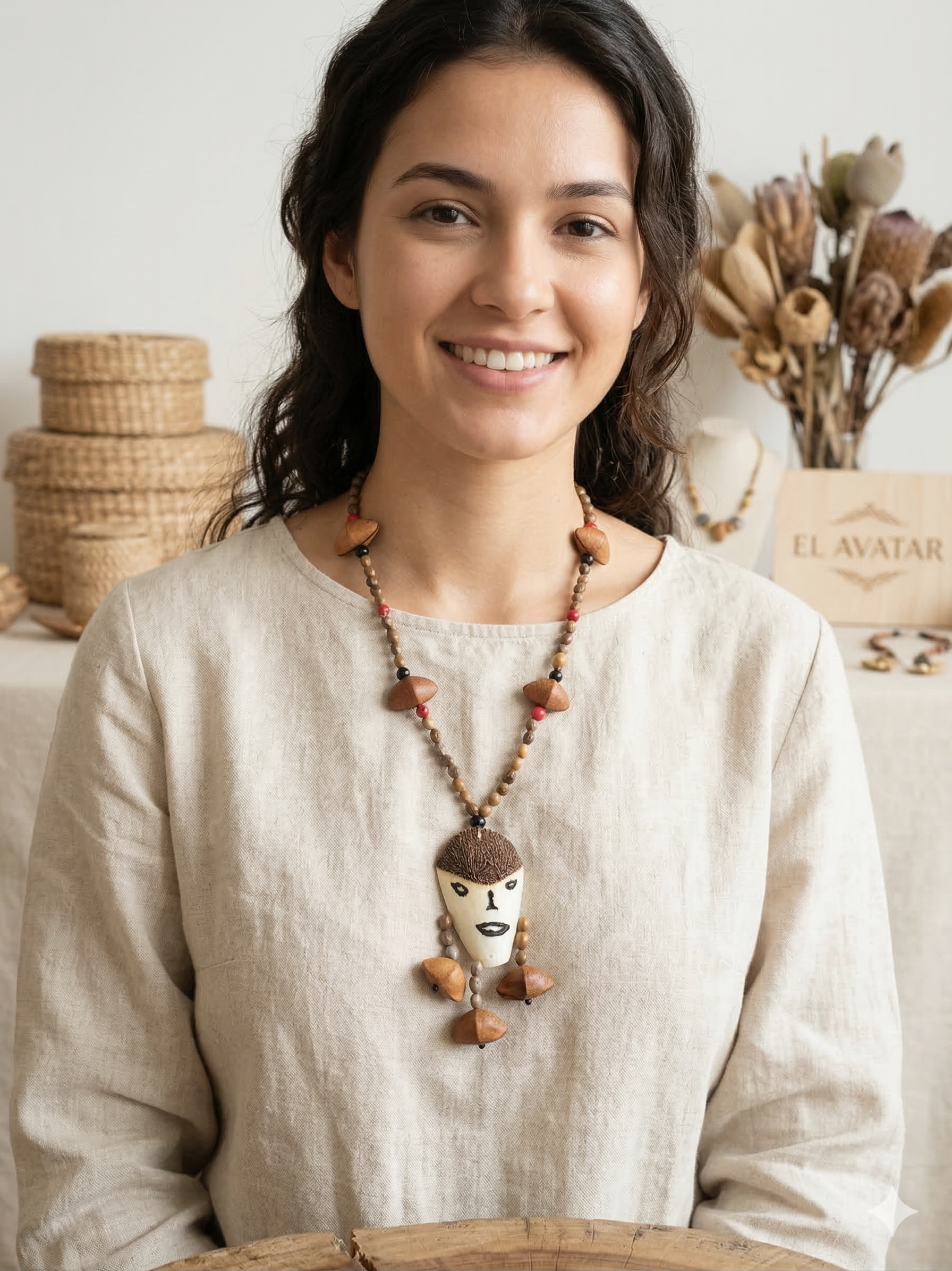 Handmade Fish Fin Necklace with Natural Seeds and Painted Face