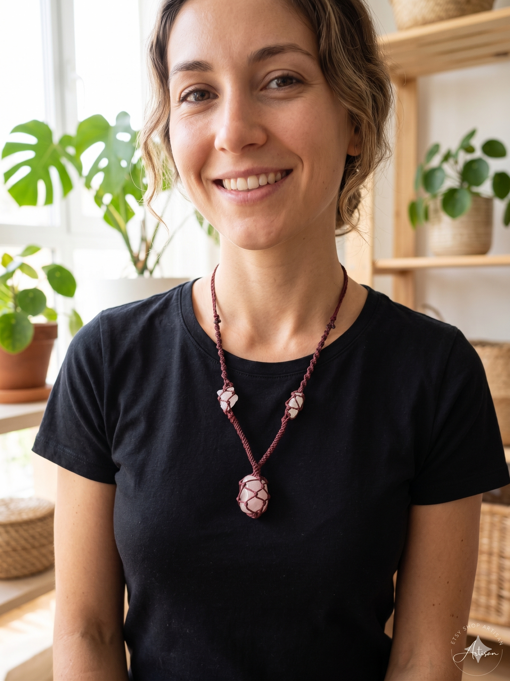 Handmade Macrame Necklace with Rose Quartz