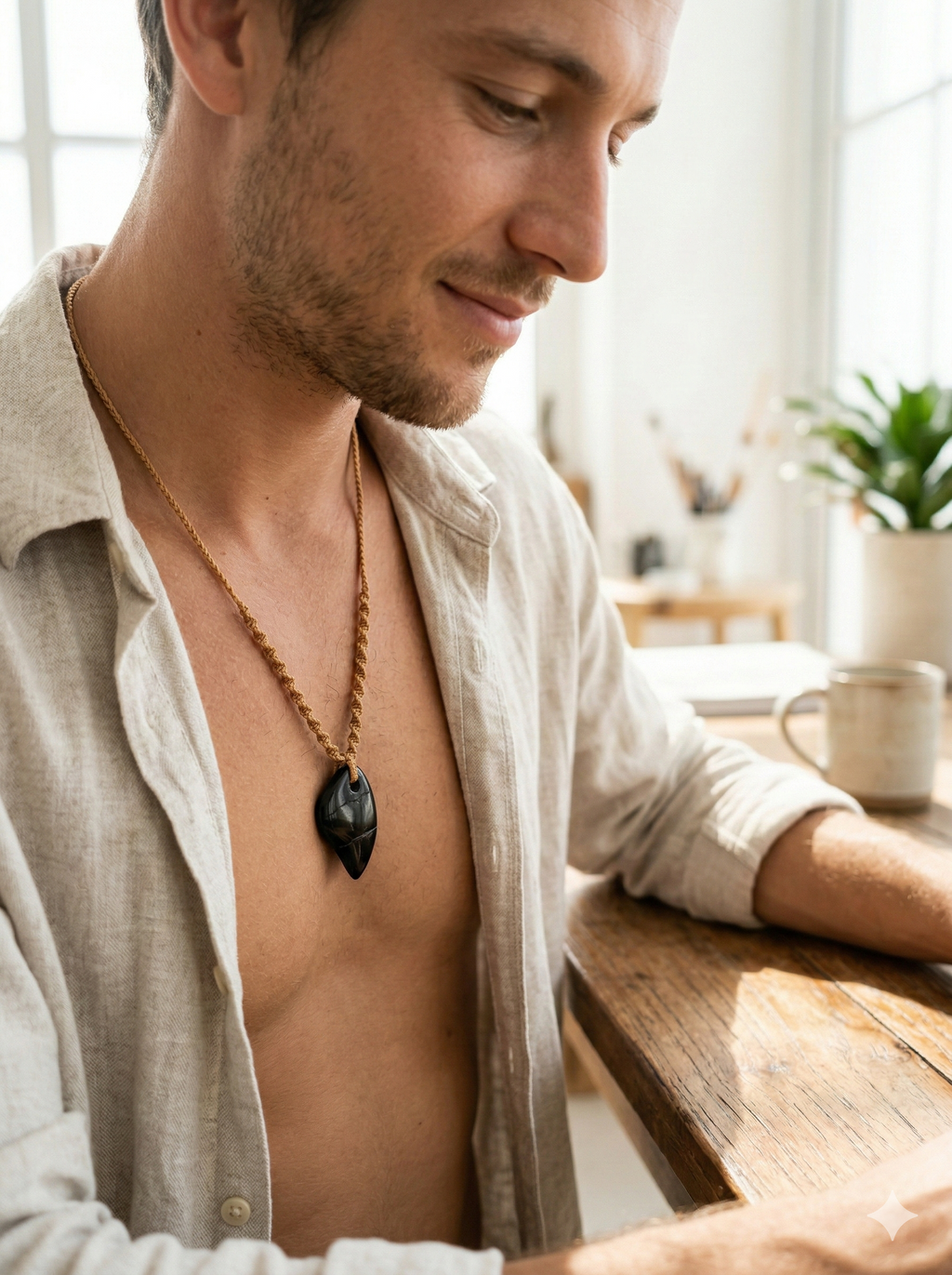 Natural Black Onyx Necklace Hand Woven Macrame Pendant Healing Stone