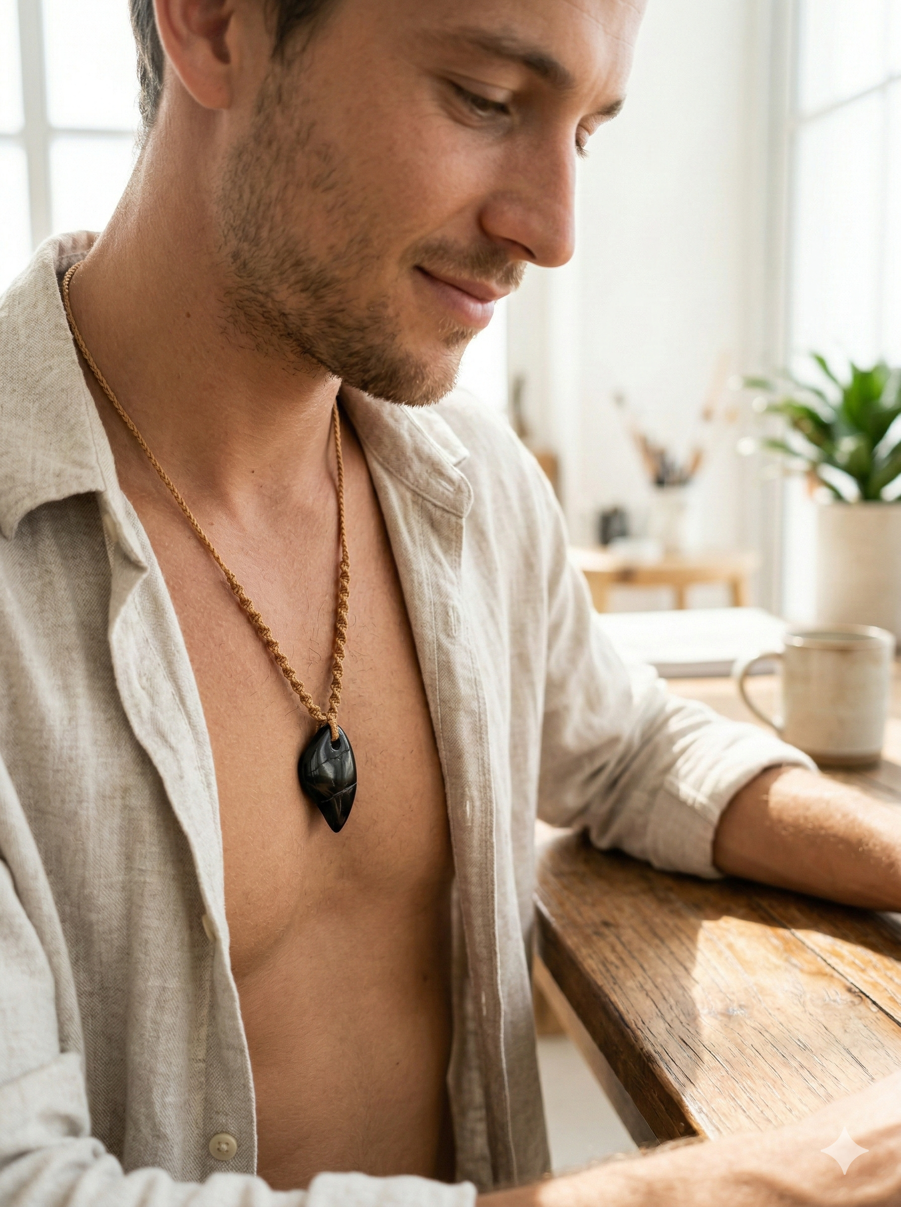Natural Black Onyx Necklace Hand Woven Macrame Pendant Healing Stone