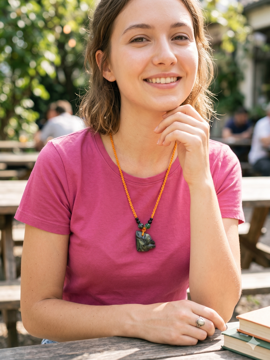 Hand-woven Macrame Necklace Pendant with Chavín Clave Head Stone