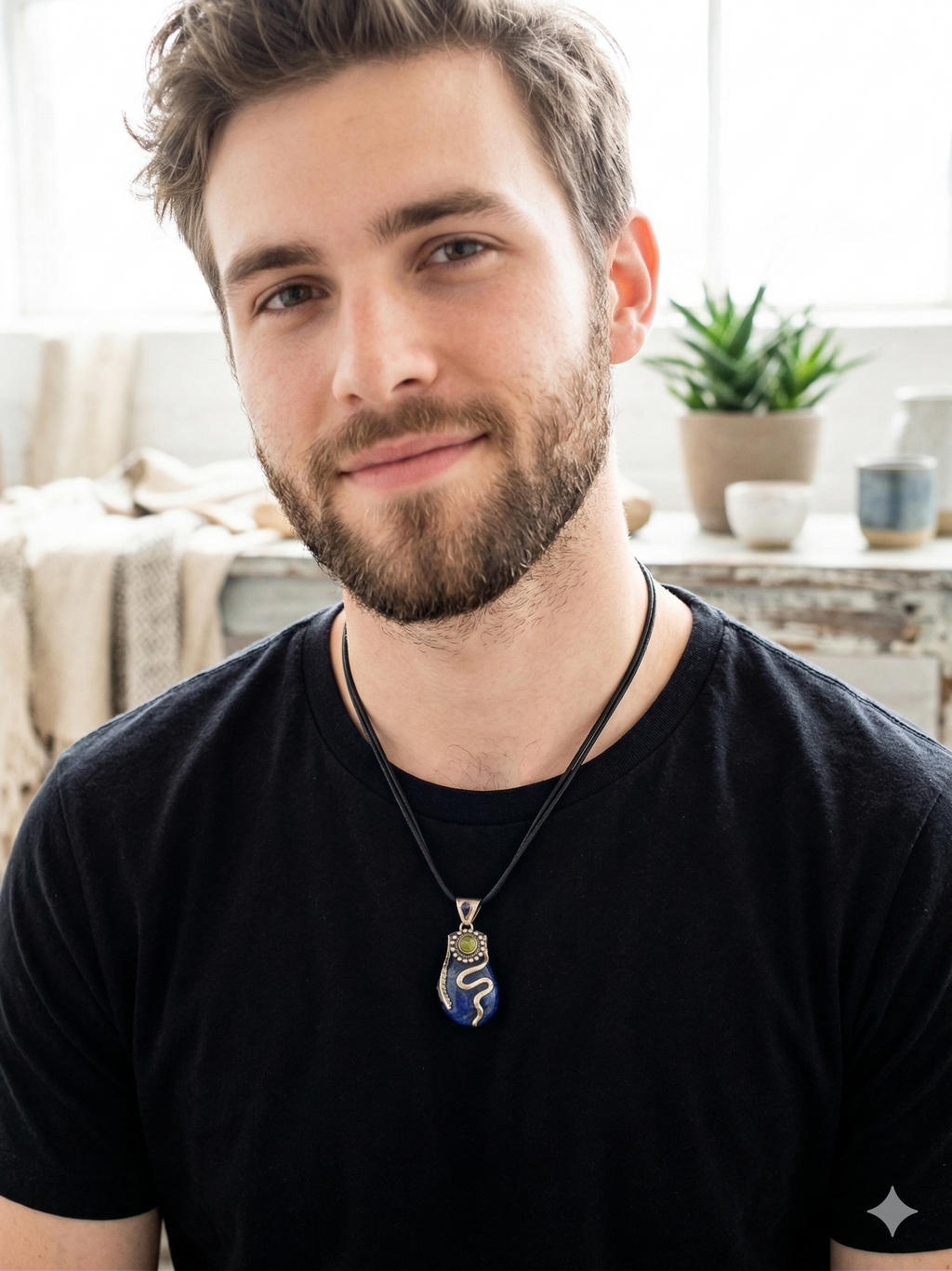 Lapis Lazuli Necklace, Natural Stone, 950 Sterling Silver, Adjustable Cord