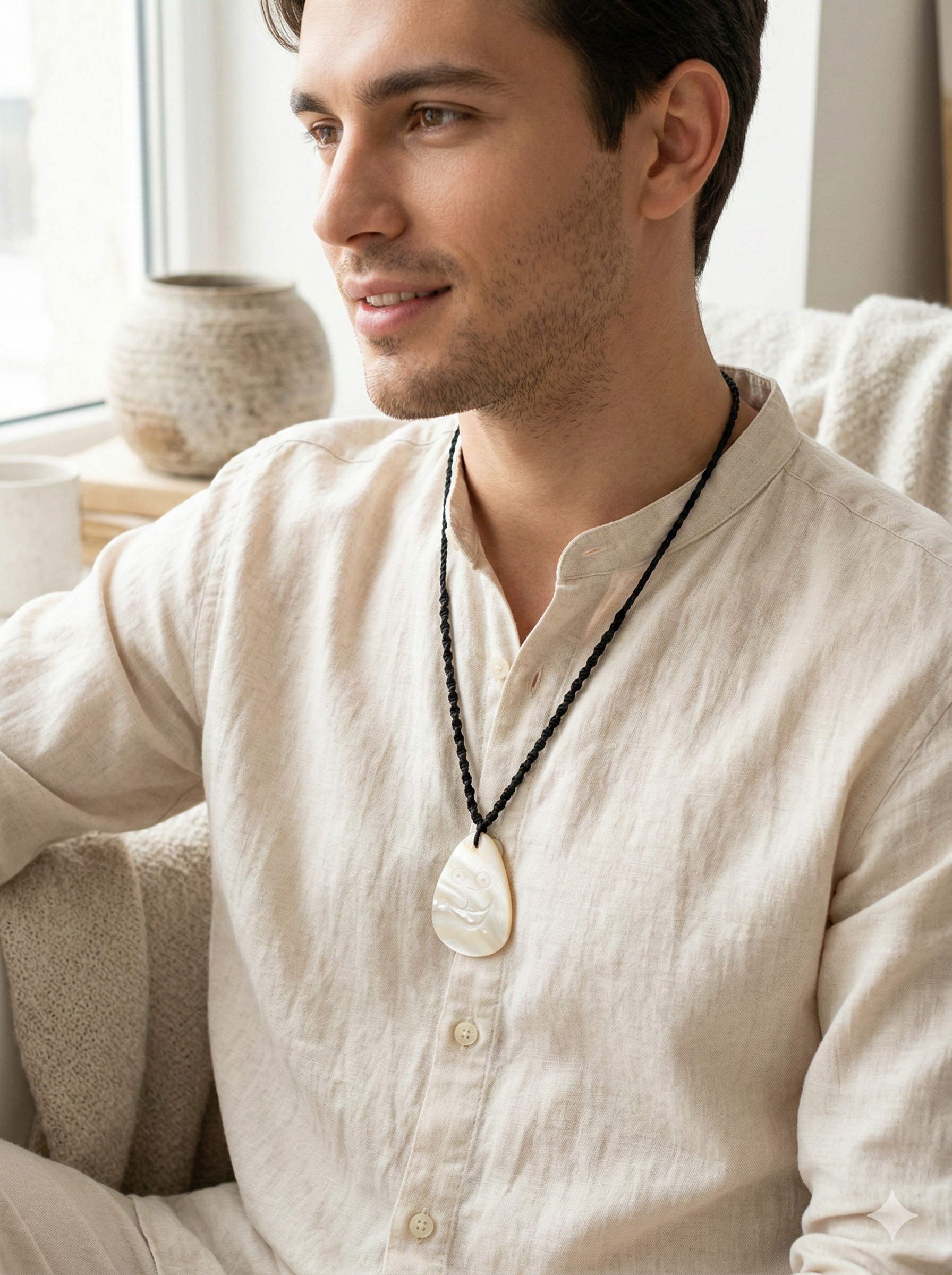 Mother-of-Pearl Smiling Face Necklace Handmade Macrame Thread