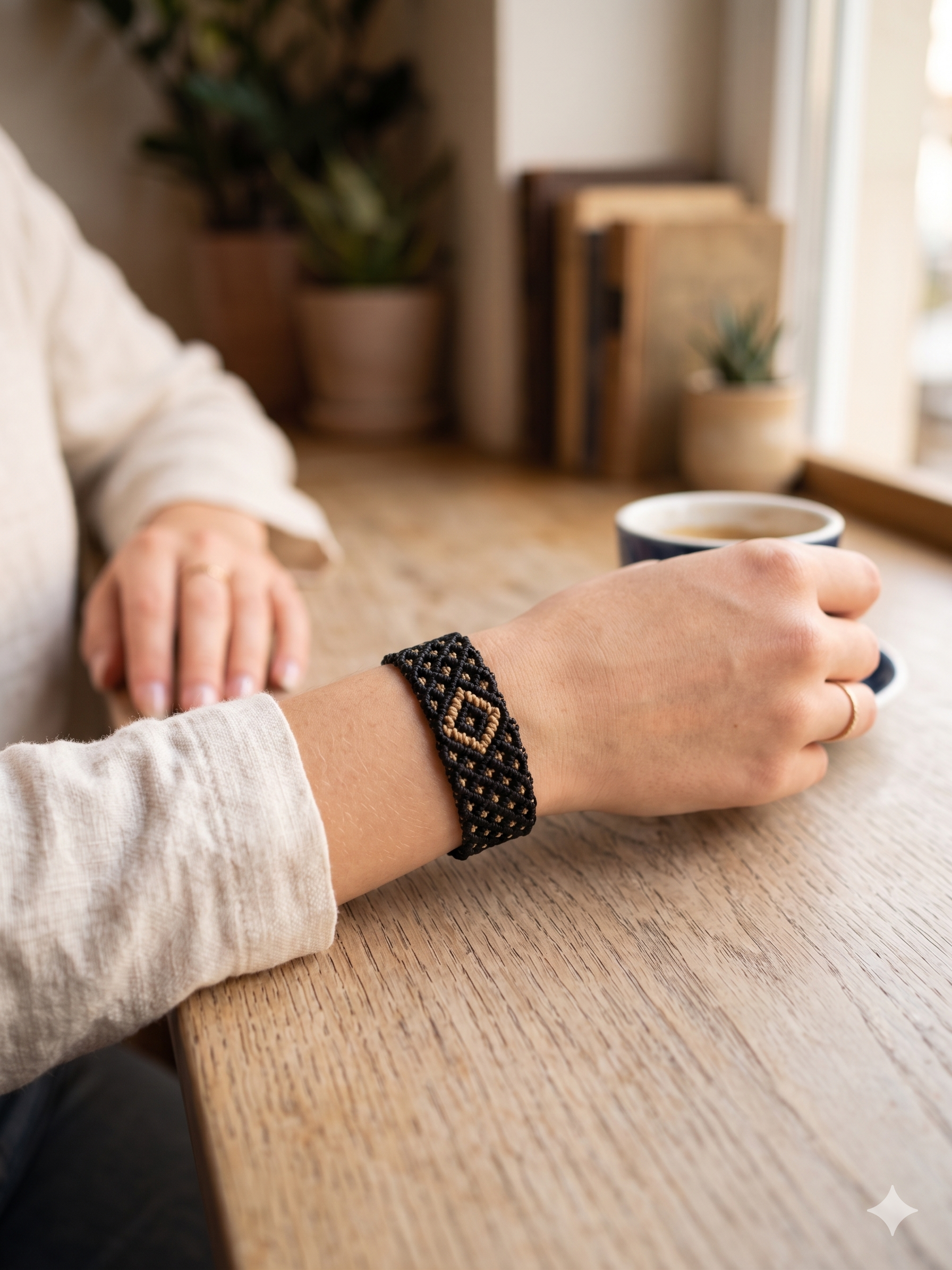 Black Macrame Bracelet with Golden Geometric Designs, Hand-Woven Bracelet