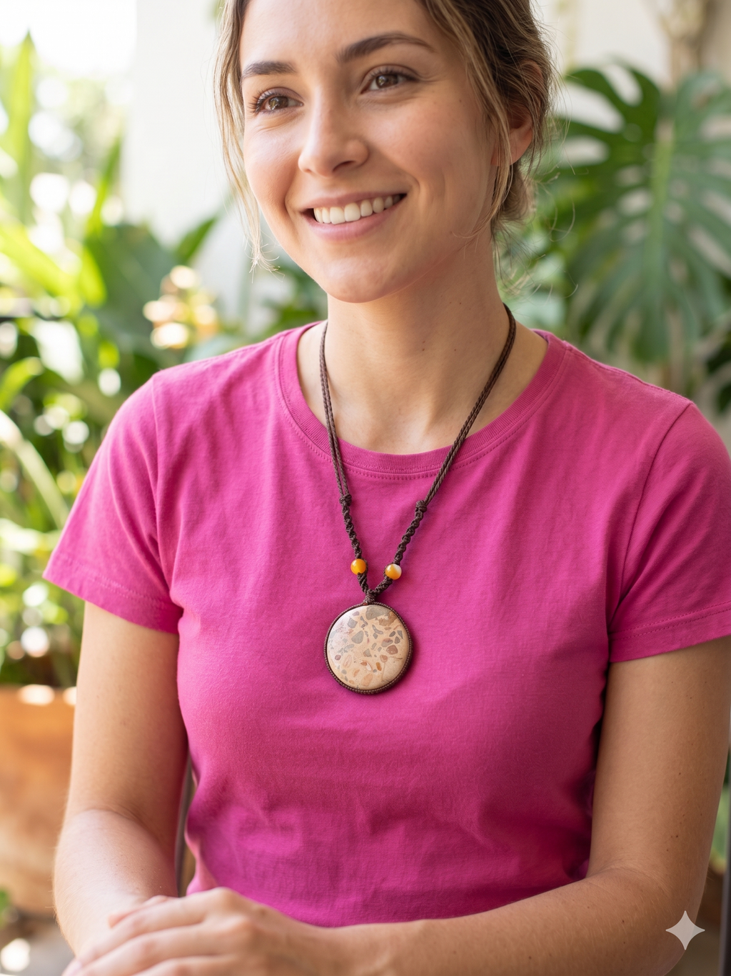 Handmade Macrame Necklace with Natural Leopard Stone, Spiritual Amulet