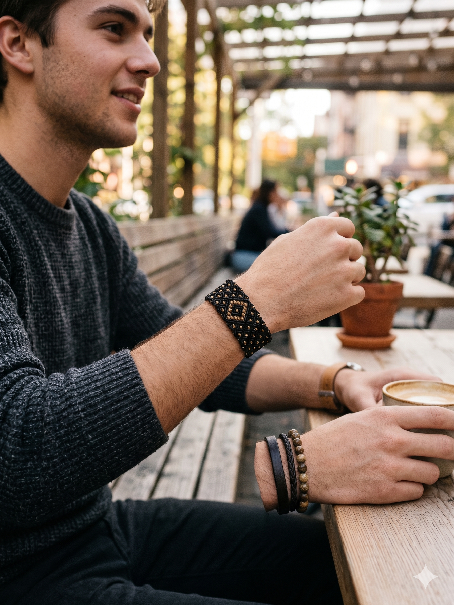 Black Macrame Bracelet with Golden Geometric Designs, Hand-Woven Bracelet