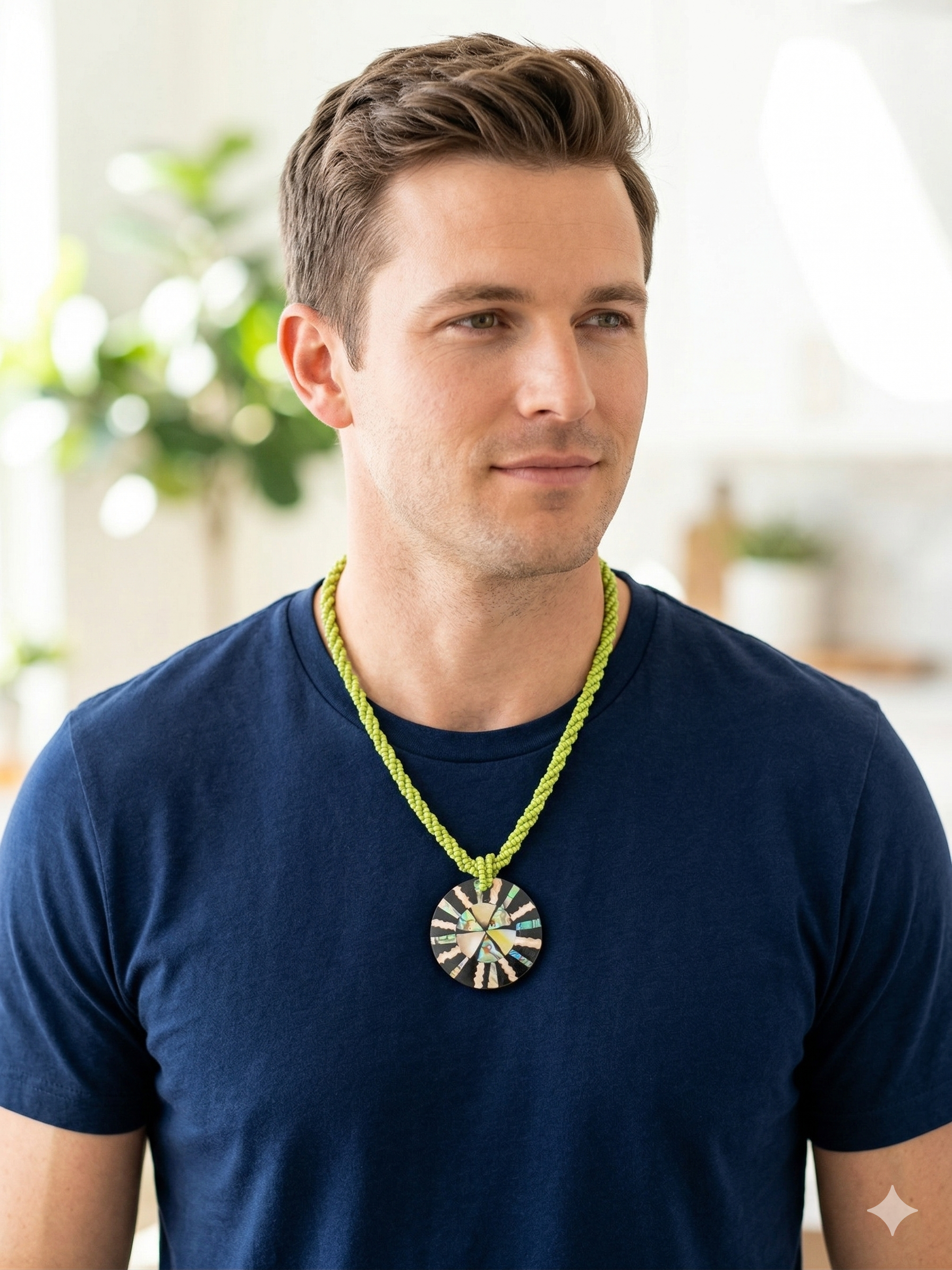 Green Bead Necklace with Natural Mother-of-Pearl Pendant