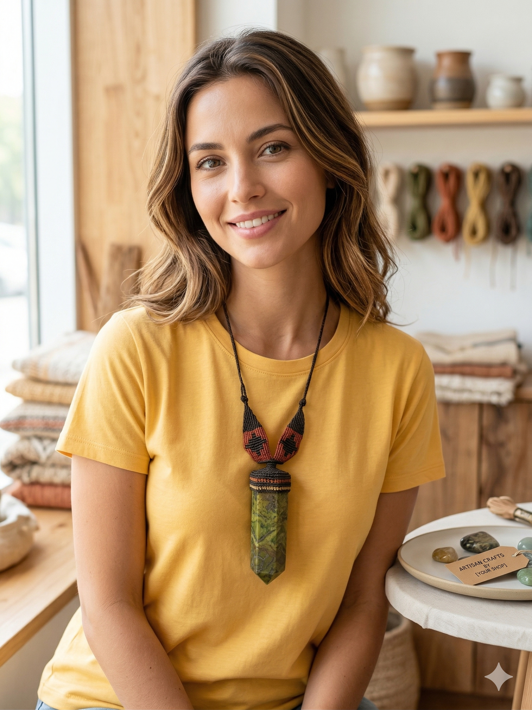 Natural Serpentine Necklace Woven Macrame Green Healing Stone