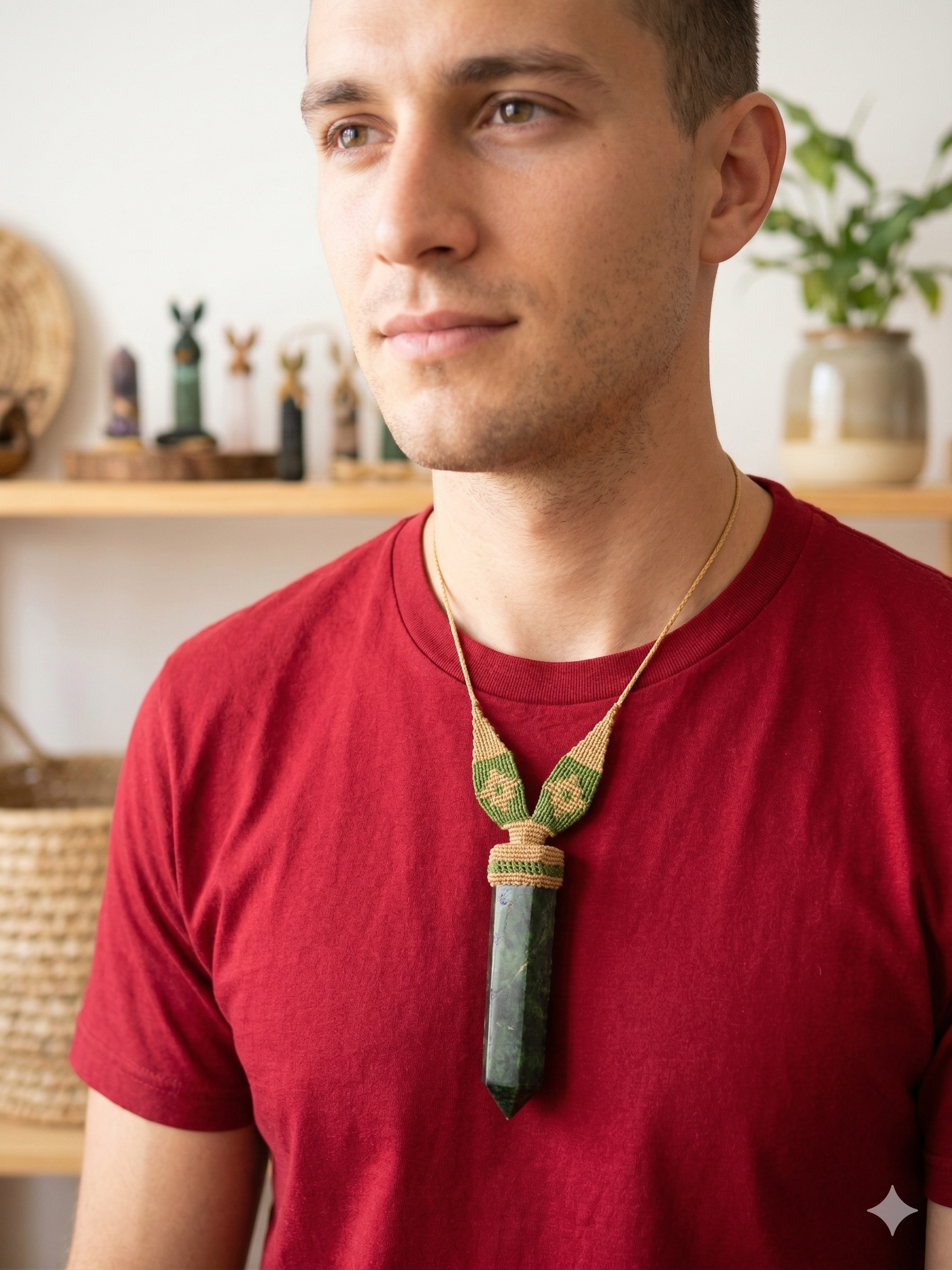 Natural Serpentine Macrame Necklace Amulet Green Stone Hand Woven