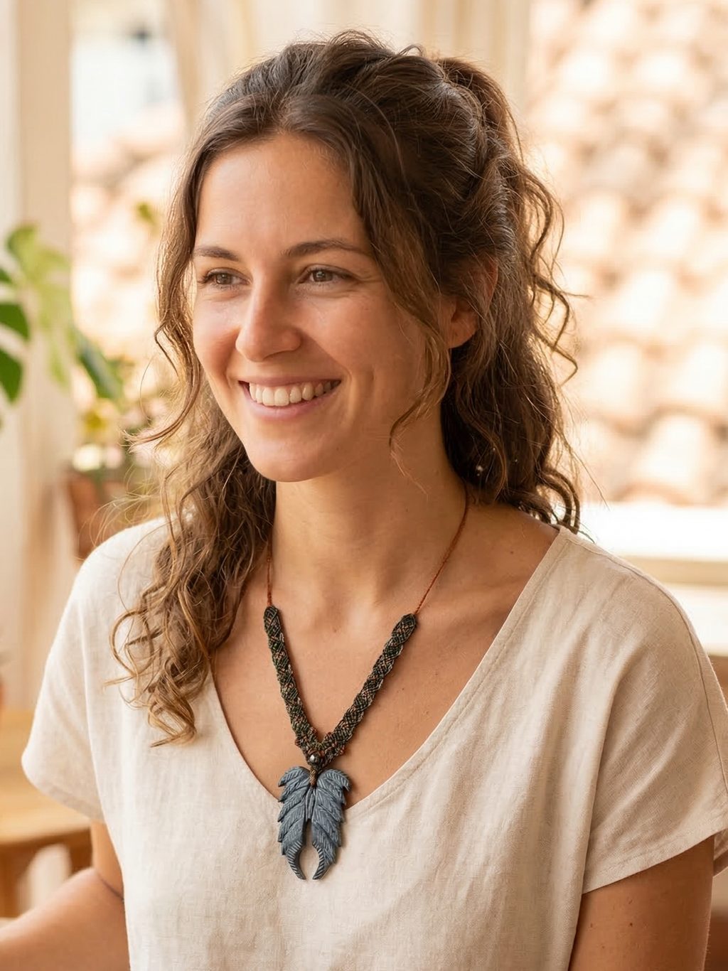 Natural Stone Necklace, Carved Feather Shape, Hand-woven Macrame