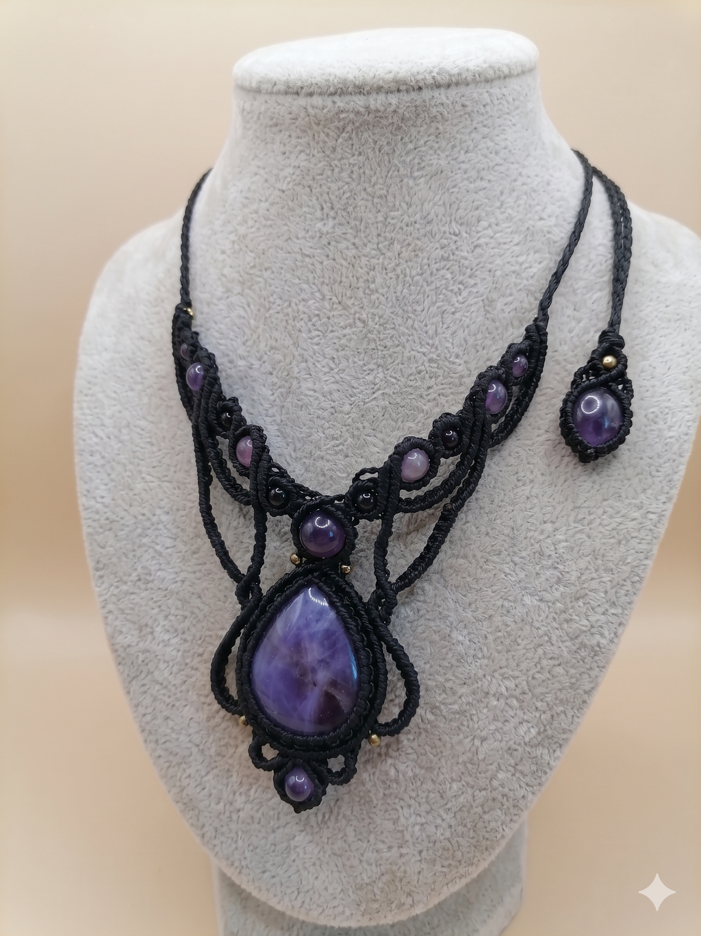 Macrame Necklace with Natural Amethyst Amulet for Protection