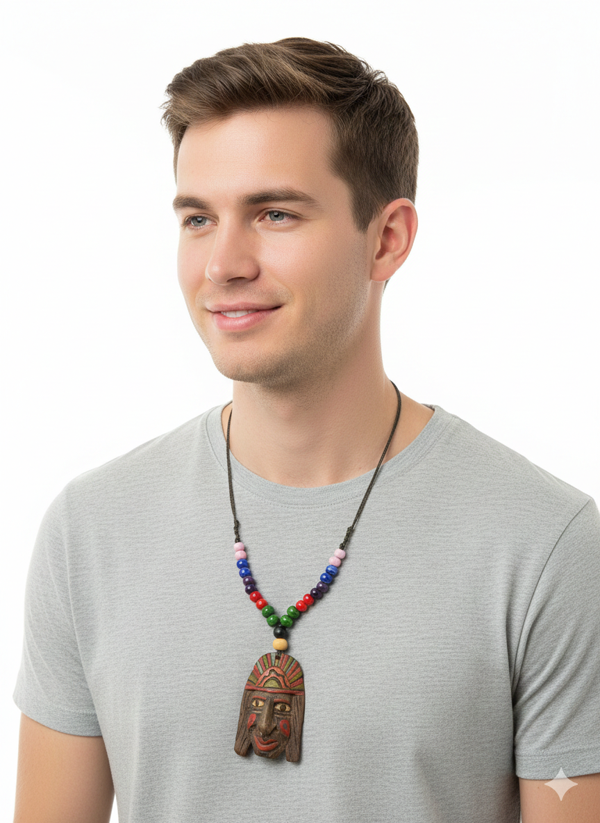 Hand-Carved Inca Face Wooden Necklace - Artisan Beaded Tribal Jewelry