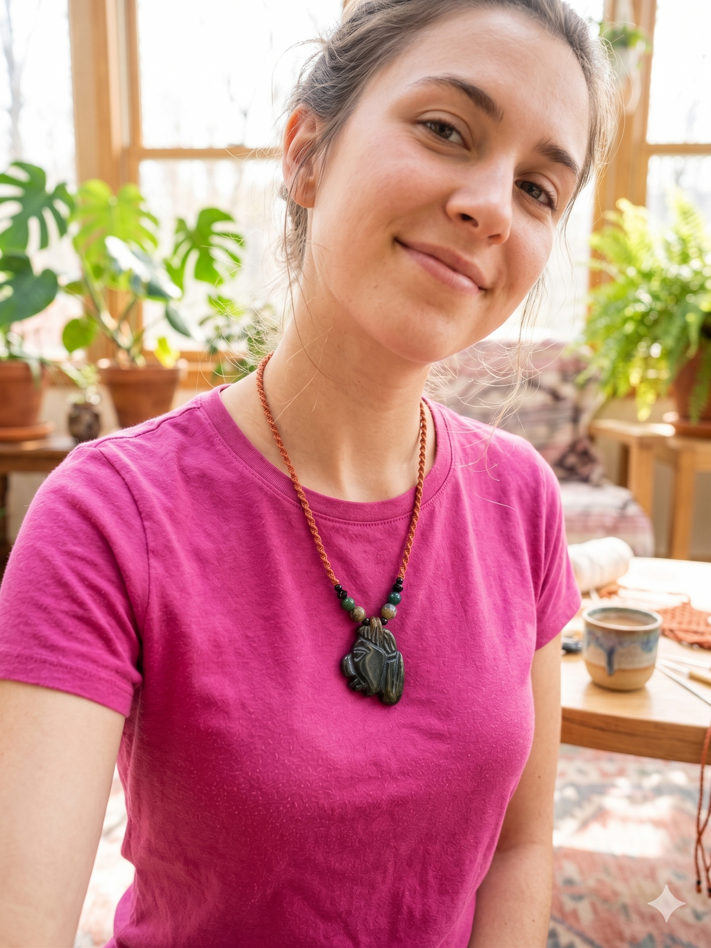 Macrame Necklace Inca Pachacuti Mask Pendant Natural Stone