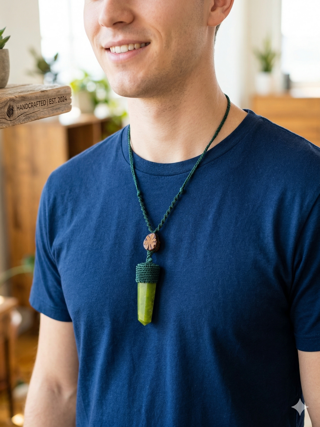 Handmade Macrame Serpentine Necklace with Natural Stone Pendant