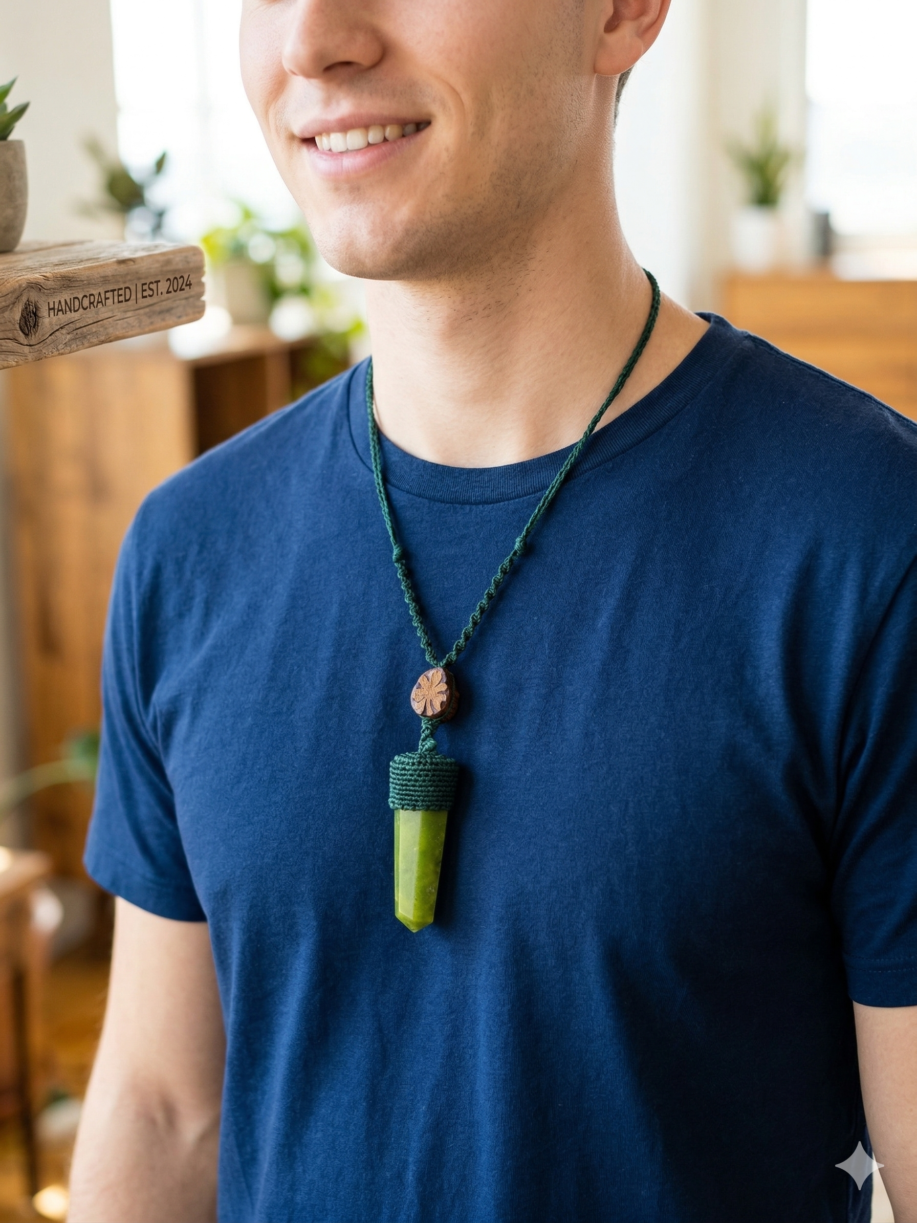 Handmade Macrame Serpentine Necklace with Natural Stone Pendant