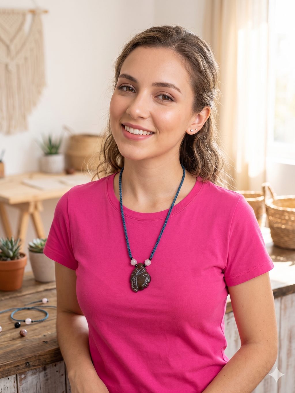 Macrame Necklace Inca Pachacuti Mask Pendant Natural Stone
