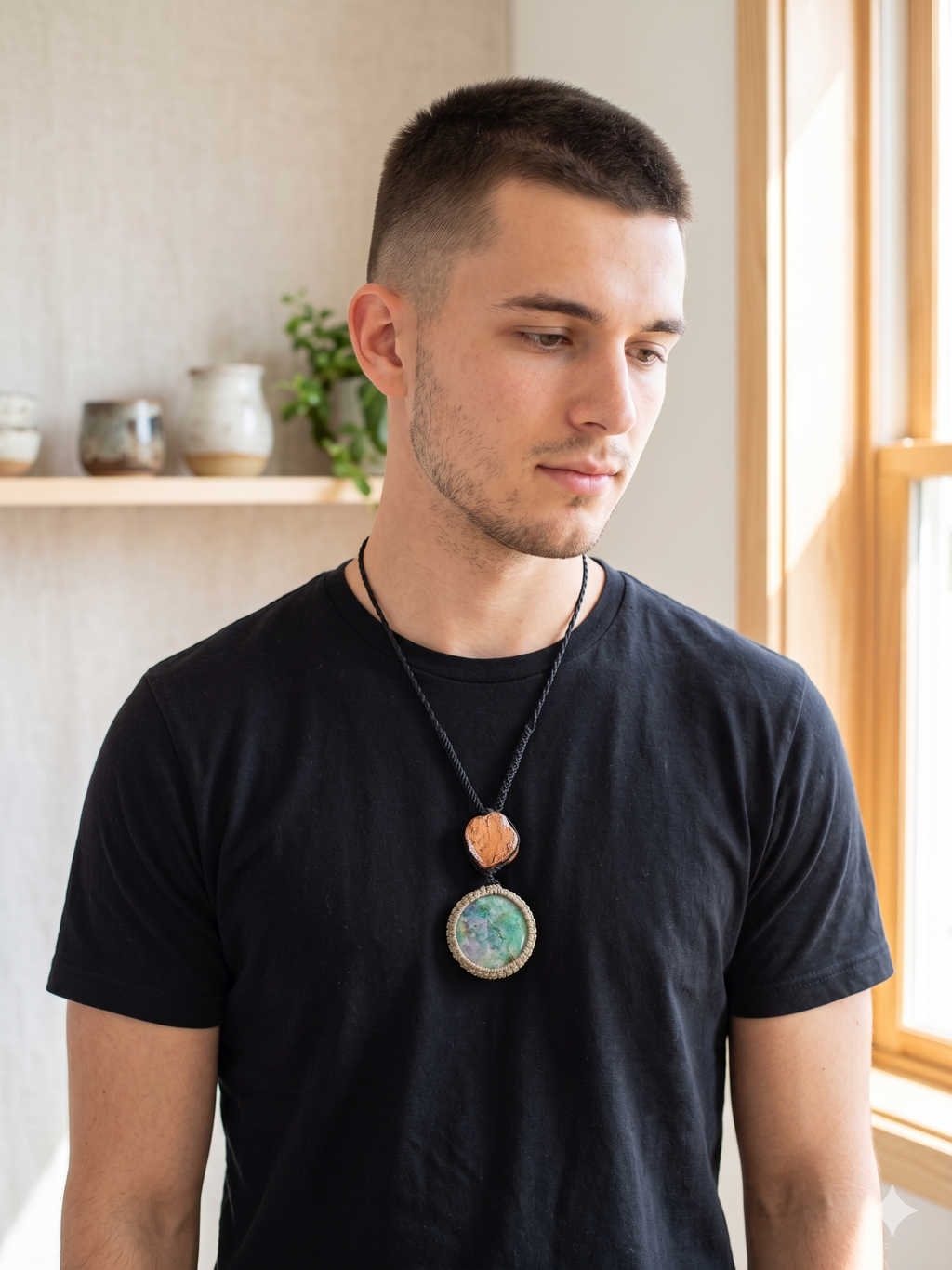 Natural Turquoise Macrame Necklace, Handmade Spiritual Amulet