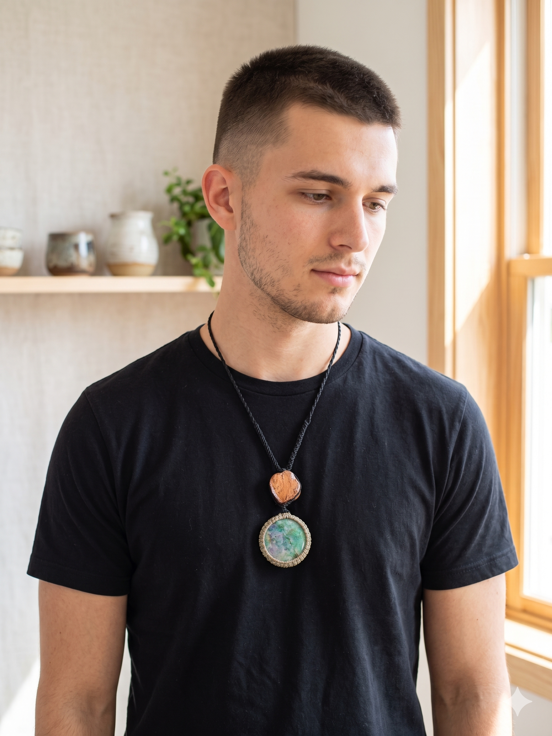 Natural Turquoise Macrame Necklace, Handmade Spiritual Amulet