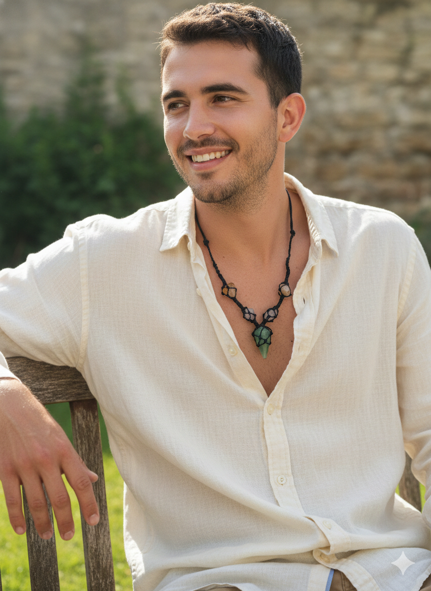 Handmade Macrame Necklace with Natural Serpentine Stone