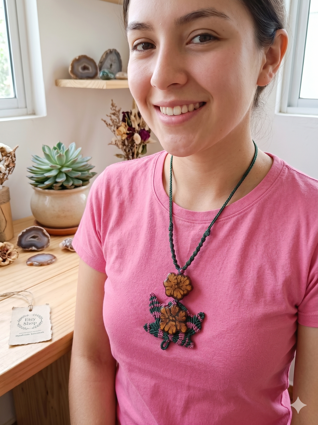 Handmade Macrame Necklace Woven with Macrame Thread and Ayahuasca Flower